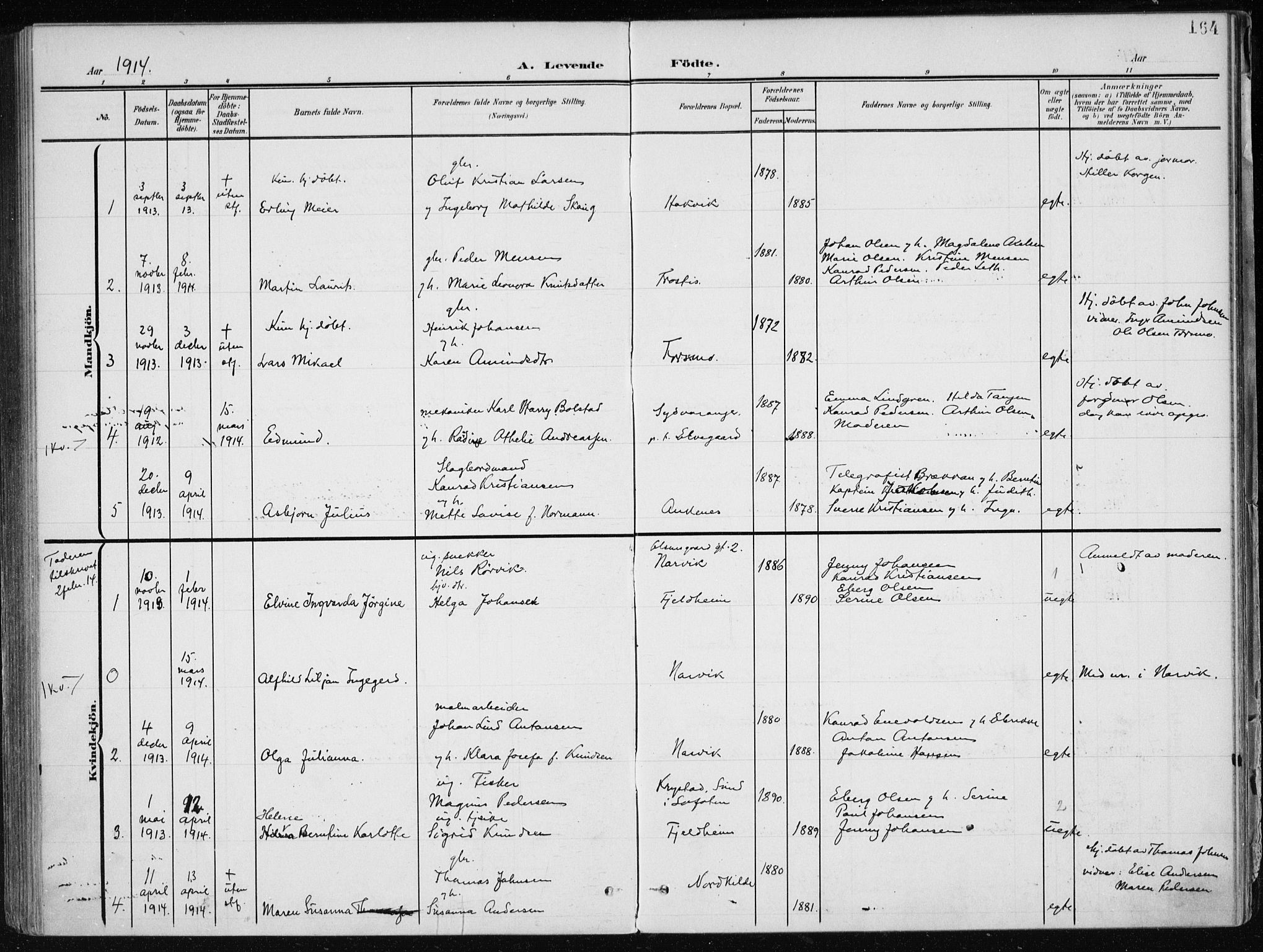Ministerialprotokoller, klokkerbøker og fødselsregistre - Nordland, SAT/A-1459/866/L0941: Parish register (official) no. 866A04, 1901-1917, p. 164