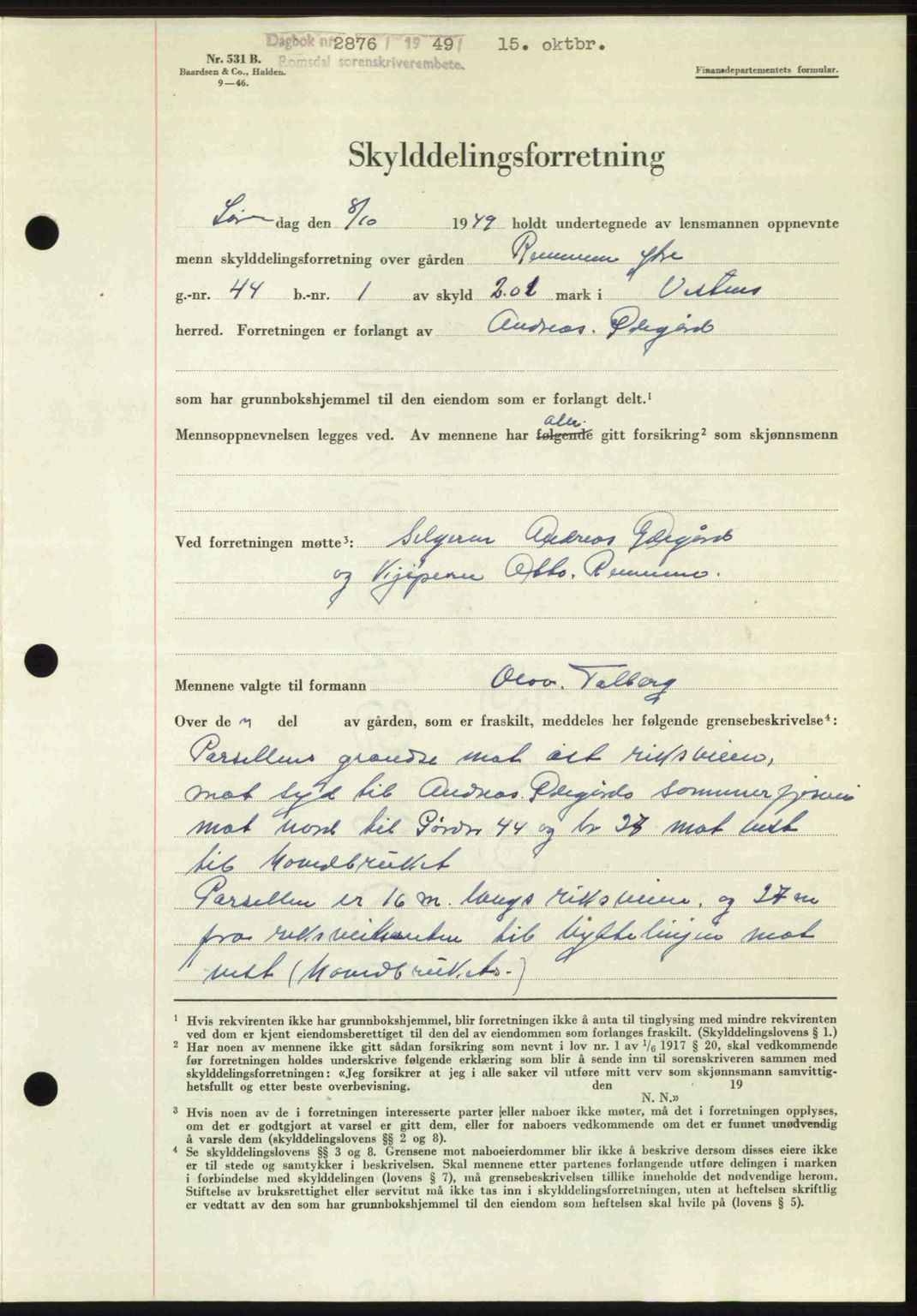 Romsdal sorenskriveri, AV/SAT-A-4149/1/2/2C: Mortgage book no. A31, 1949-1949, Diary no: : 2876/1949