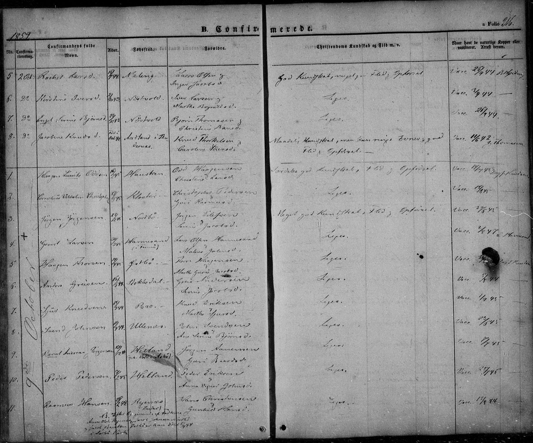 Rennesøy sokneprestkontor, SAST/A -101827/H/Ha/Haa/L0005: Parish register (official) no. A 5, 1838-1859, p. 216