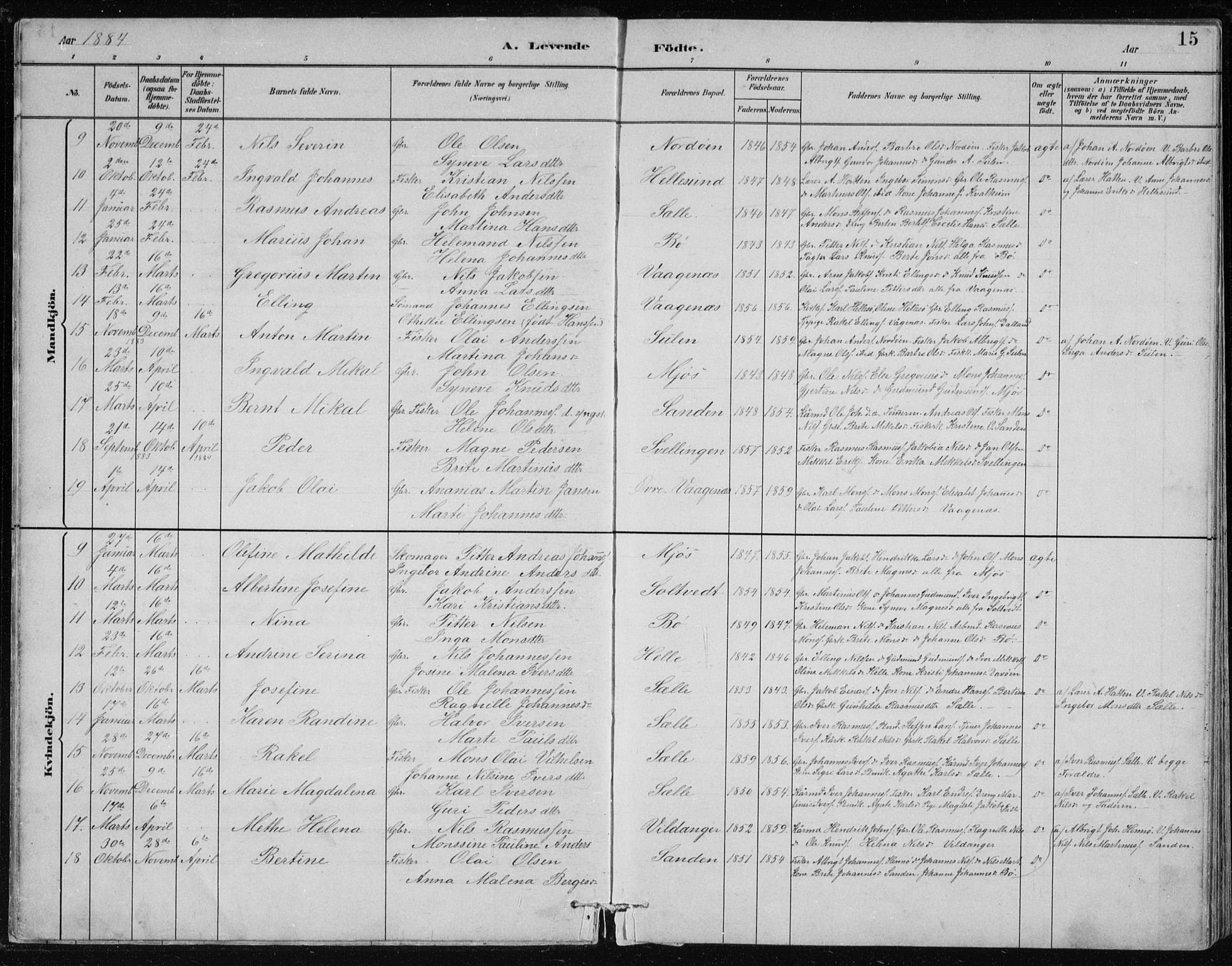 Manger sokneprestembete, SAB/A-76801/H/Hab: Parish register (copy) no. B 2, 1882-1890, p. 15