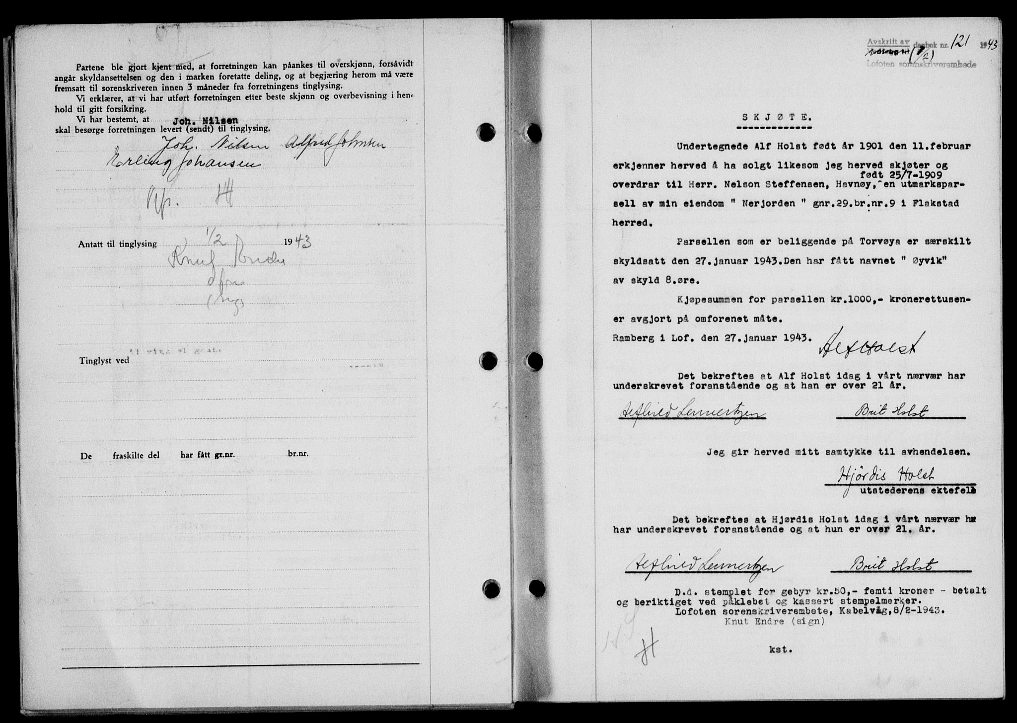 Lofoten sorenskriveri, SAT/A-0017/1/2/2C/L0010a: Mortgage book no. 10a, 1942-1943, Diary no: : 121/1943