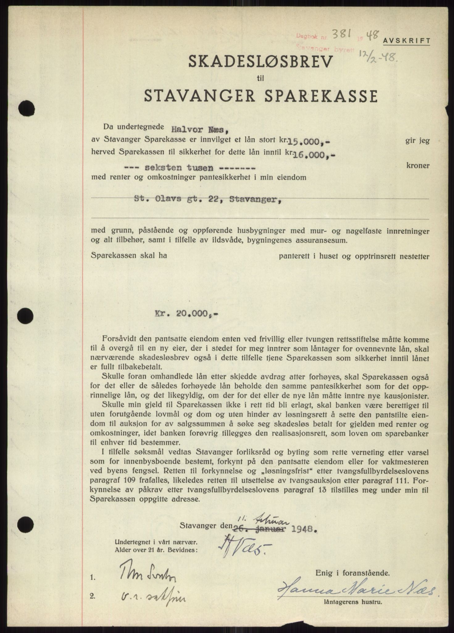 Stavanger byrett, SAST/A-100455/002/G/Gb/L0032: Mortgage book, 1947-1950, Diary no: : 381/1948