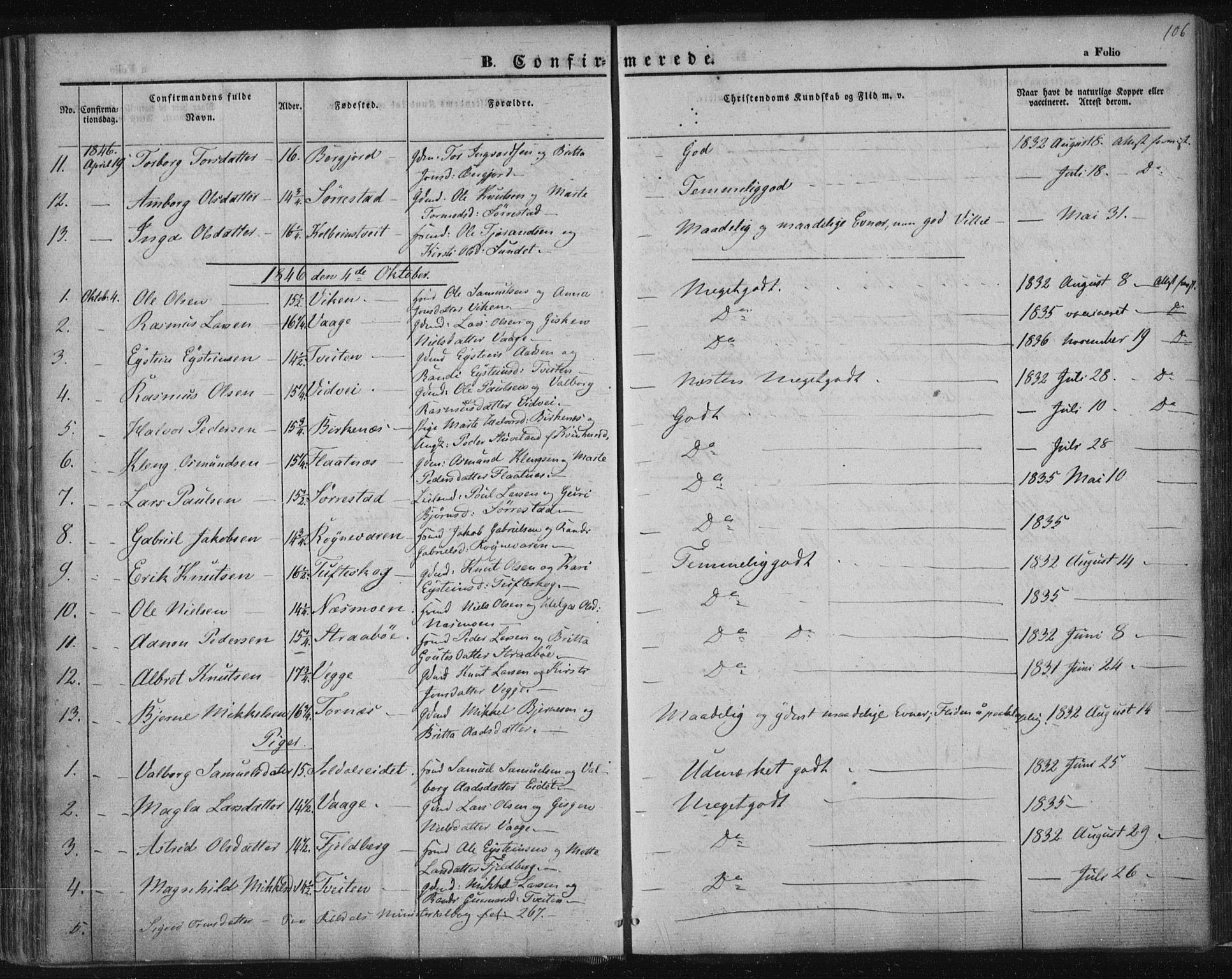 Suldal sokneprestkontor, SAST/A-101845/01/IV/L0008: Parish register (official) no. A 8, 1836-1853, p. 106