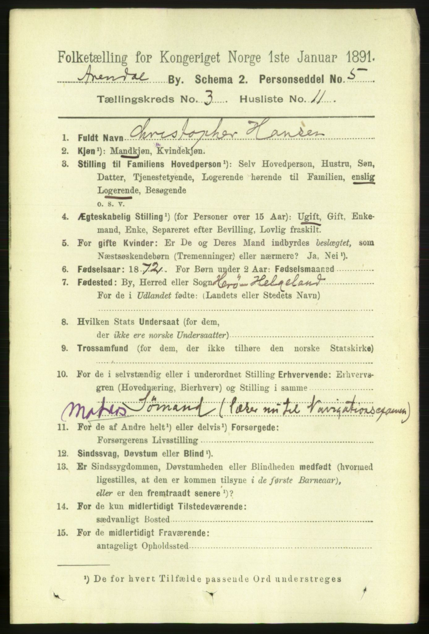 RA, 1891 census for 0903 Arendal, 1891, p. 1537