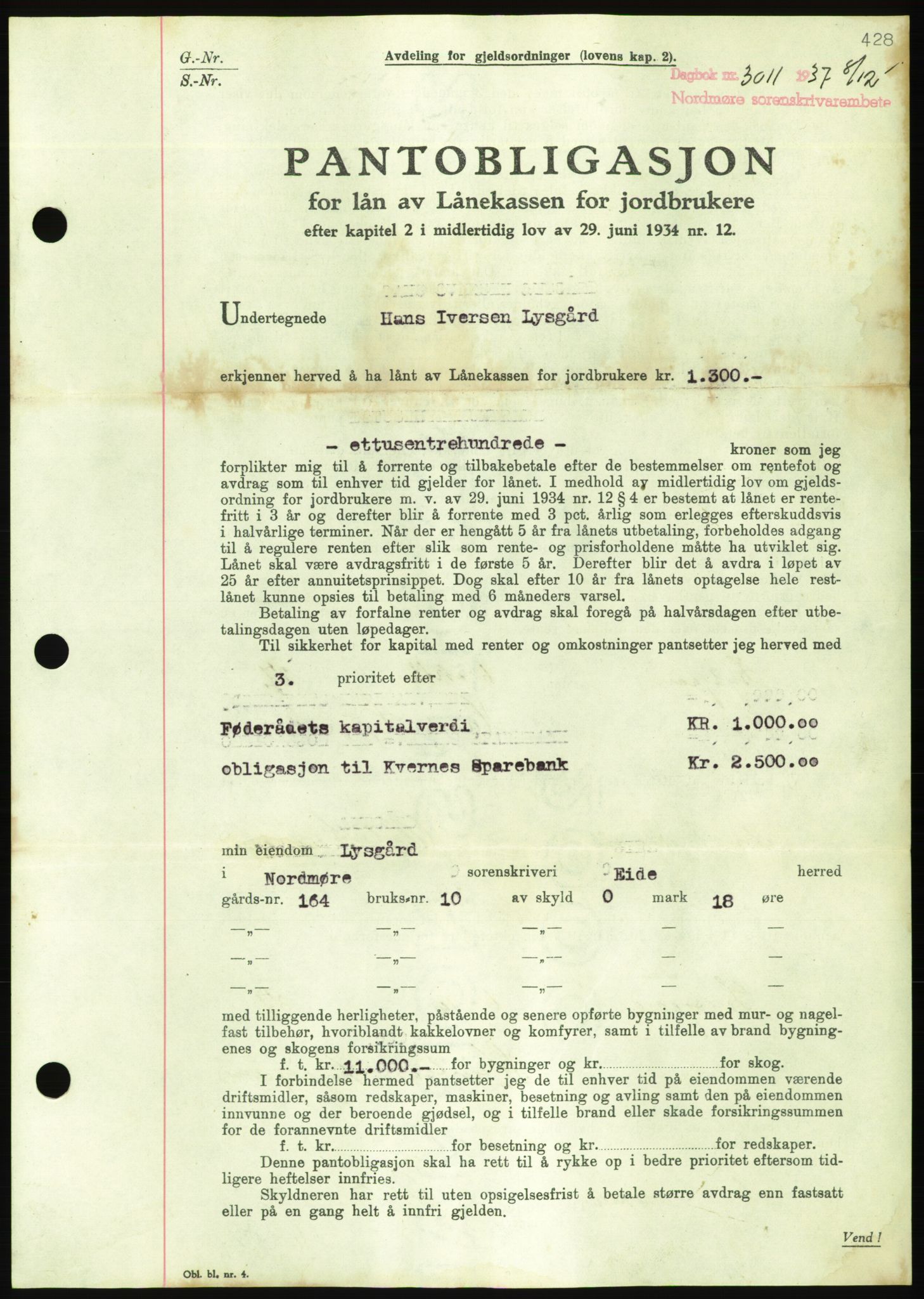 Nordmøre sorenskriveri, AV/SAT-A-4132/1/2/2Ca/L0092: Mortgage book no. B82, 1937-1938, Diary no: : 3011/1937