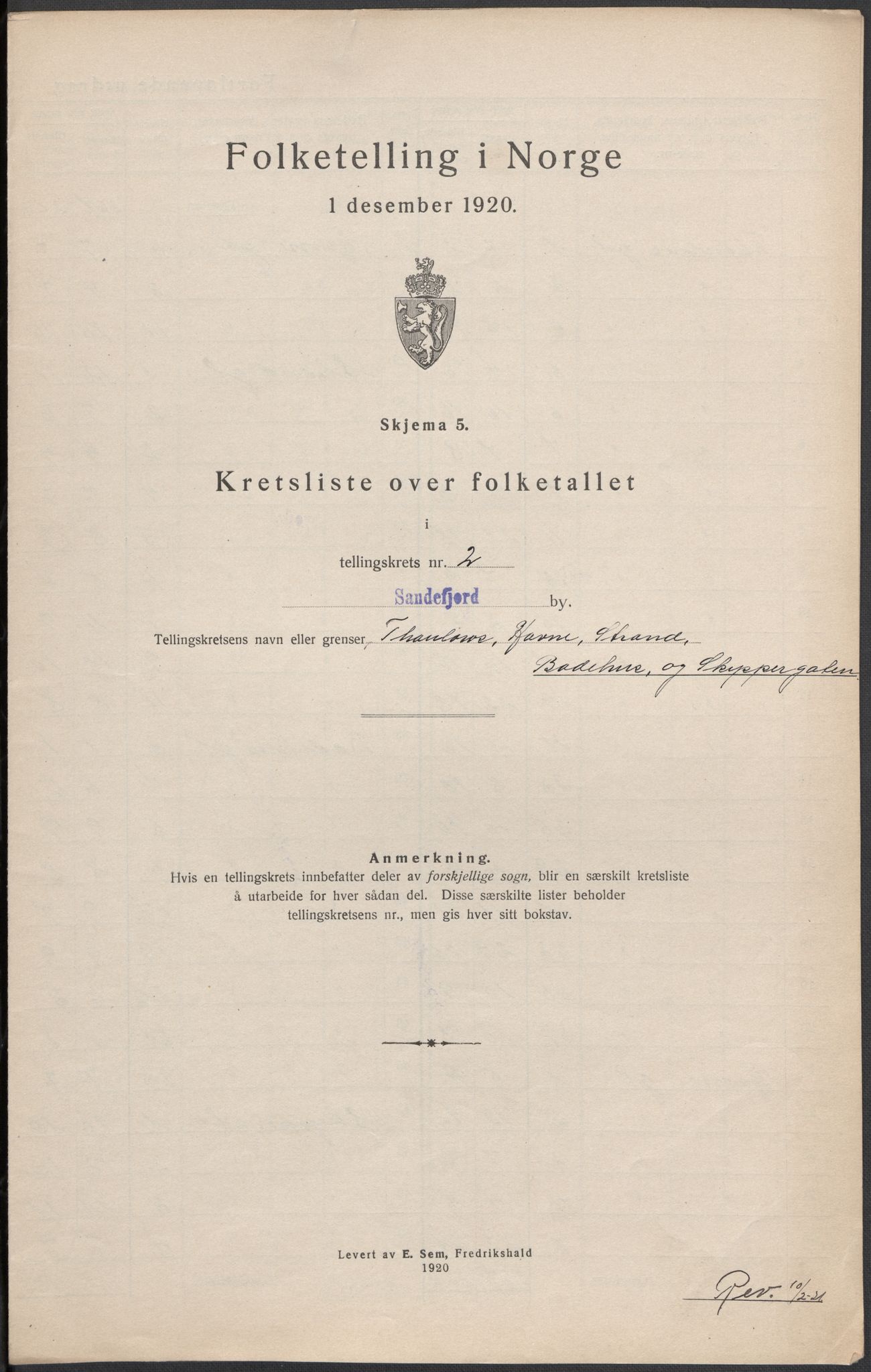 SAKO, 1920 census for Sandefjord, 1920, p. 6