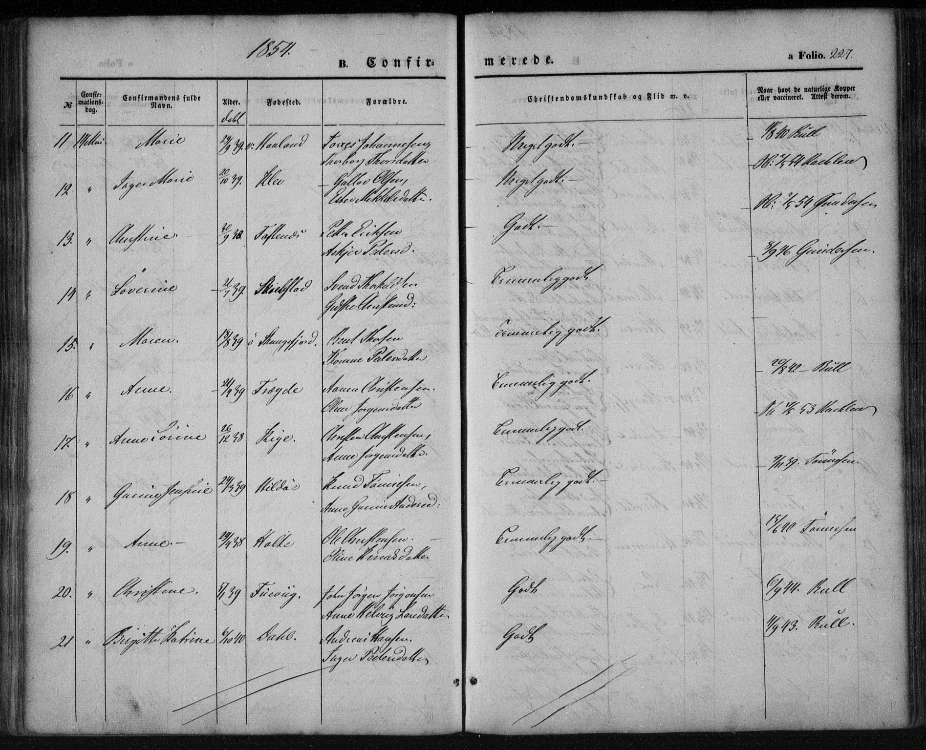 Mandal sokneprestkontor, SAK/1111-0030/F/Fa/Faa/L0013: Parish register (official) no. A 13, 1847-1859, p. 227