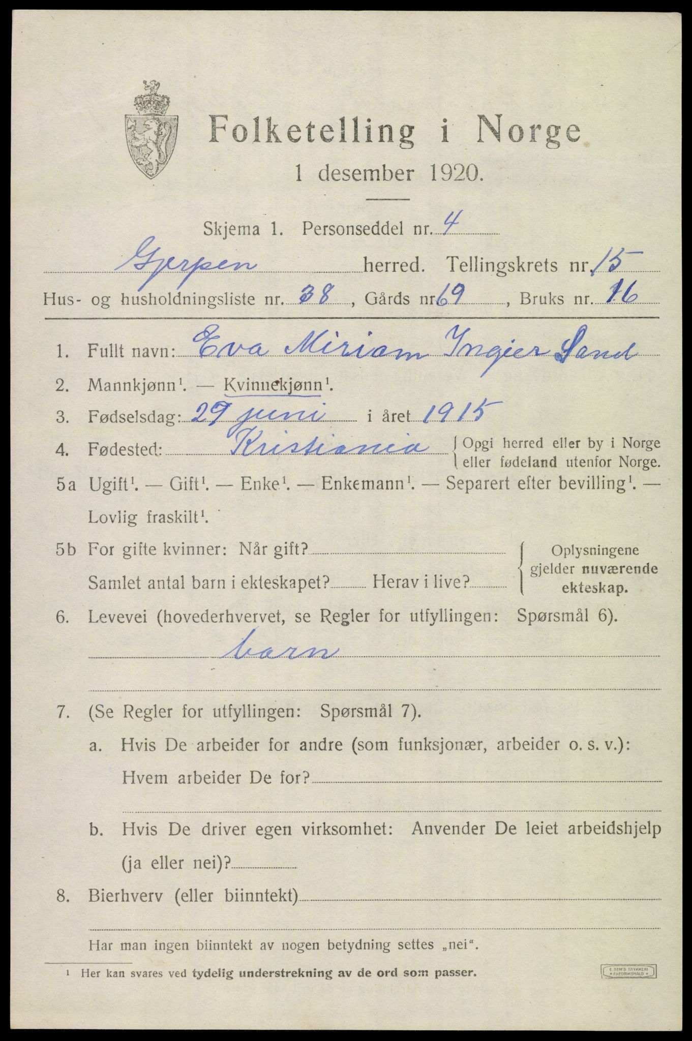 SAKO, 1920 census for Gjerpen, 1920, p. 17702