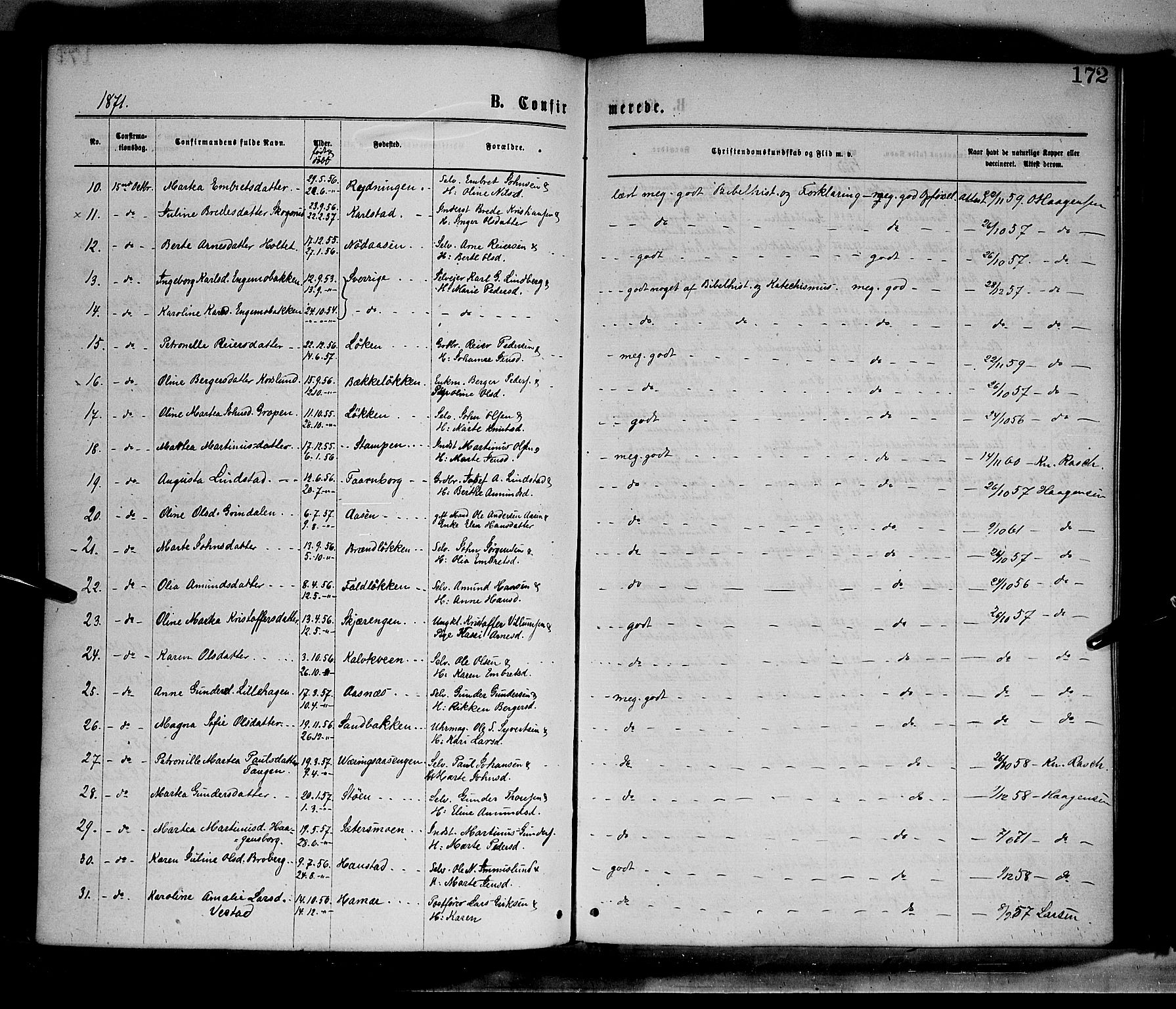 Elverum prestekontor, AV/SAH-PREST-044/H/Ha/Haa/L0011: Parish register (official) no. 11, 1869-1879, p. 172