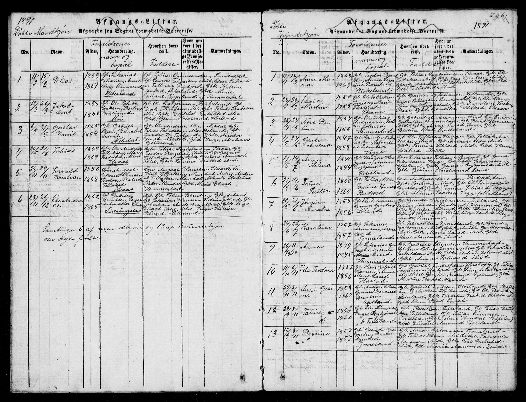 Lyngdal sokneprestkontor, AV/SAK-1111-0029/F/Fb/Fbb/L0001: Parish register (copy) no. B 1, 1816-1900, p. 296