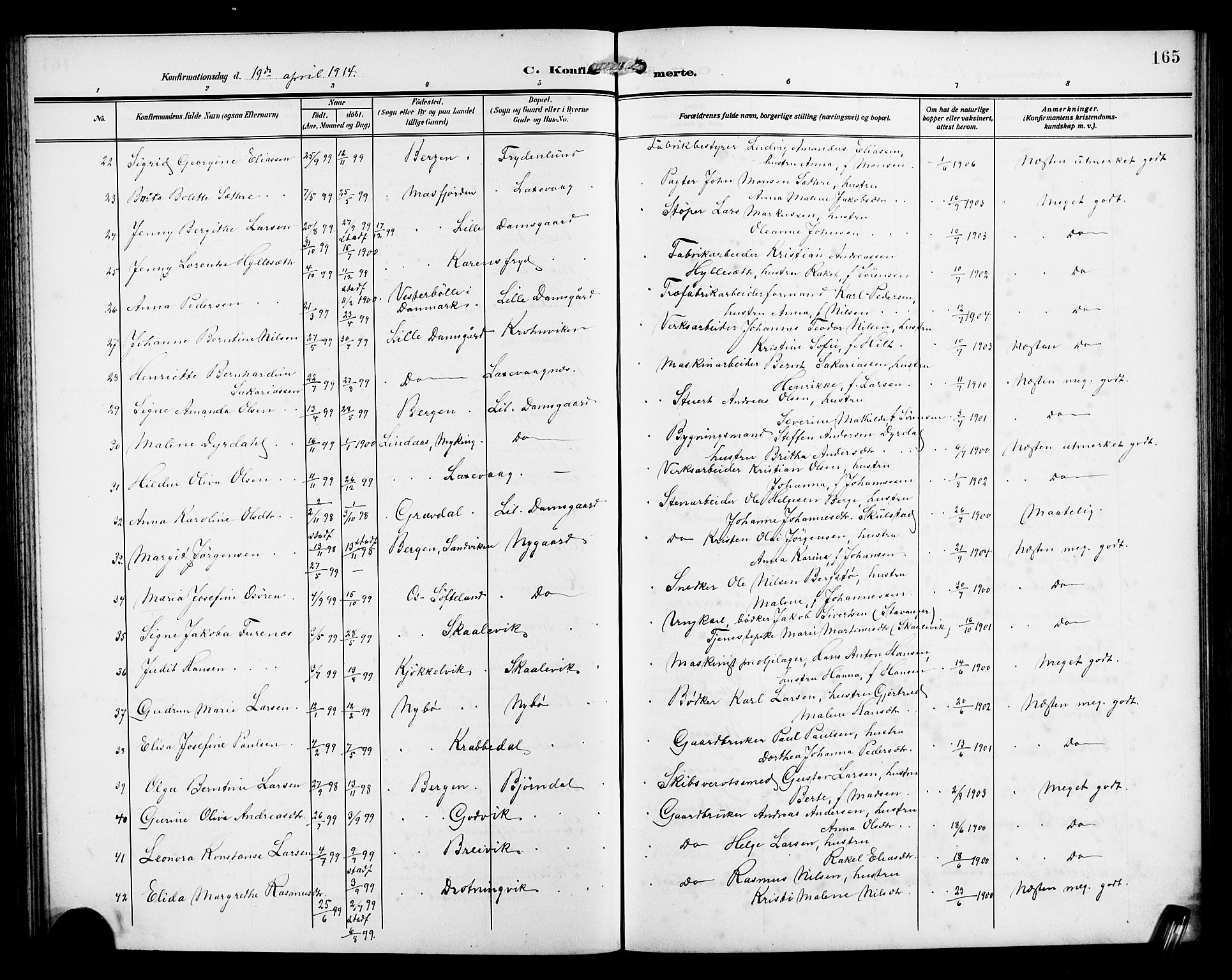 Laksevåg Sokneprestembete, SAB/A-76501/H/Ha/Hab/Haba/L0005: Parish register (copy) no. A 5, 1910-1917, p. 165