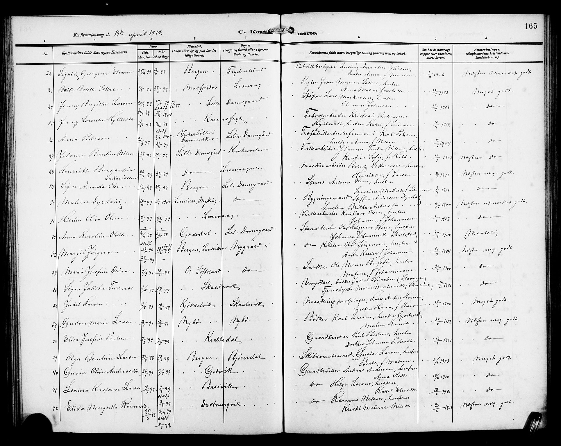 Laksevåg Sokneprestembete, AV/SAB-A-76501/H/Ha/Hab/Haba/L0005: Parish register (copy) no. A 5, 1910-1917, p. 165