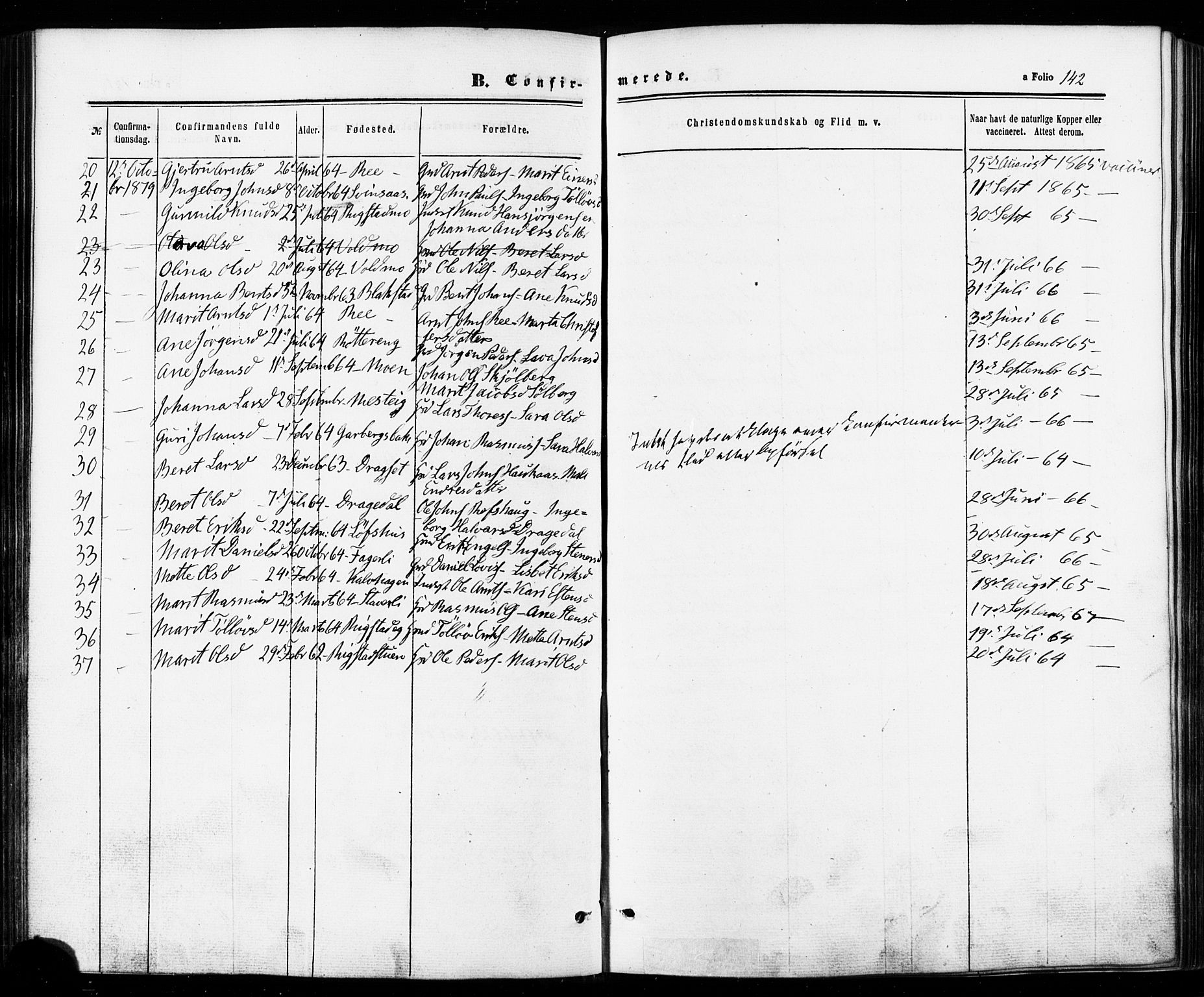 Ministerialprotokoller, klokkerbøker og fødselsregistre - Sør-Trøndelag, SAT/A-1456/672/L0856: Parish register (official) no. 672A08, 1861-1881, p. 142