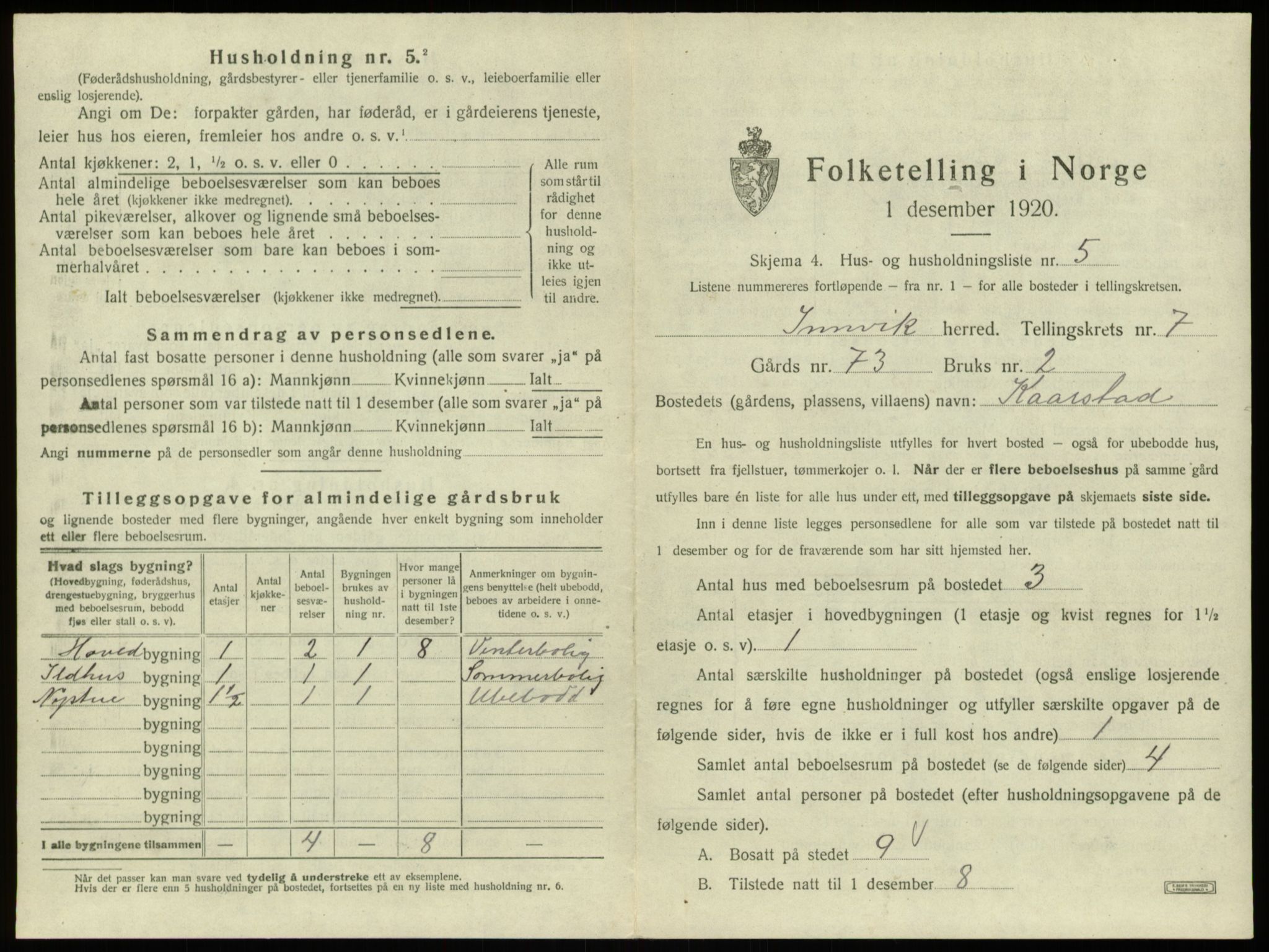 SAB, 1920 census for Innvik, 1920, p. 399