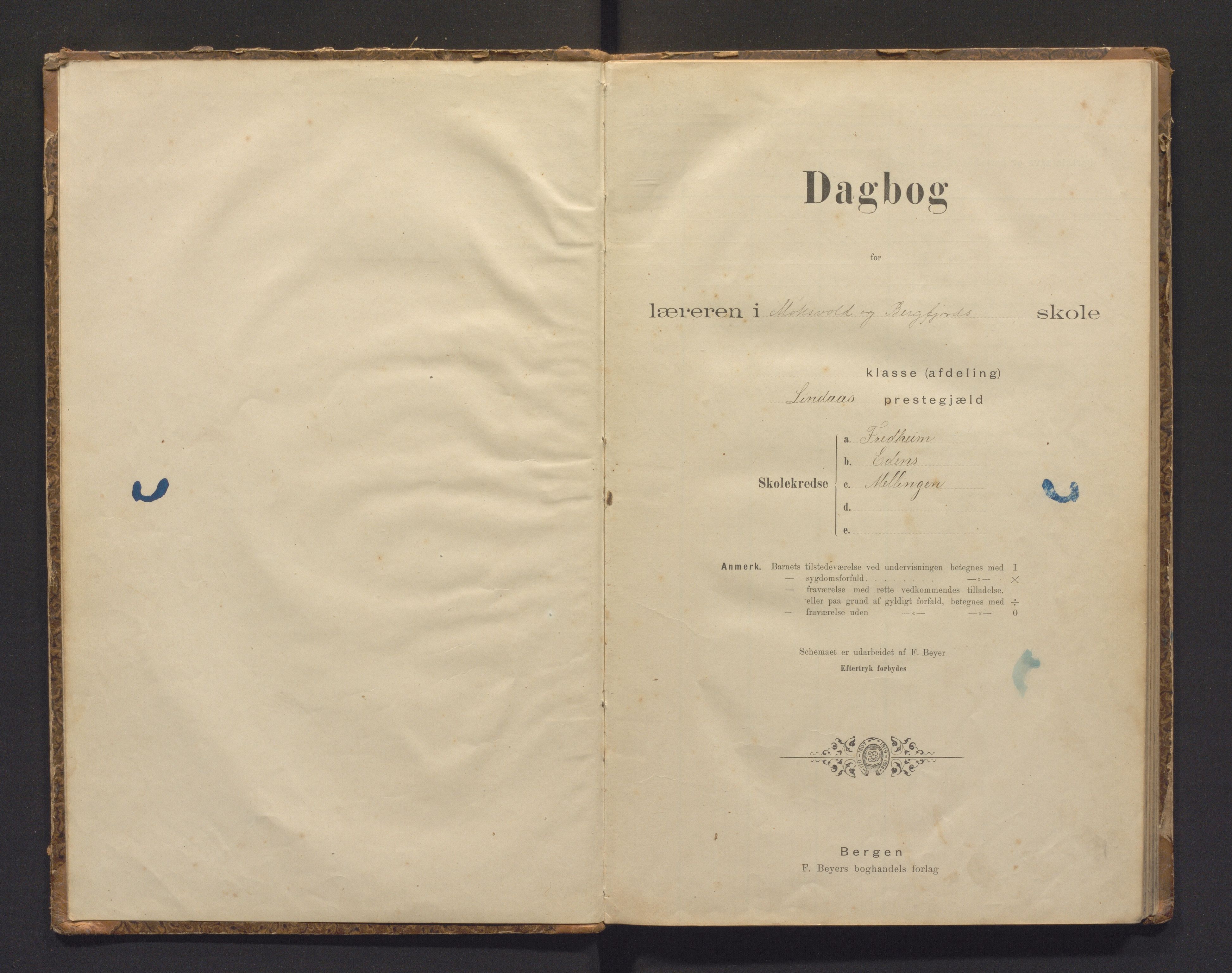 Lindås kommune. Barneskulane, IKAH/1263-231/G/Ga/L0036: Dagbok for Læraren i Møksvoll og Bergfjord skule, 1895-1915