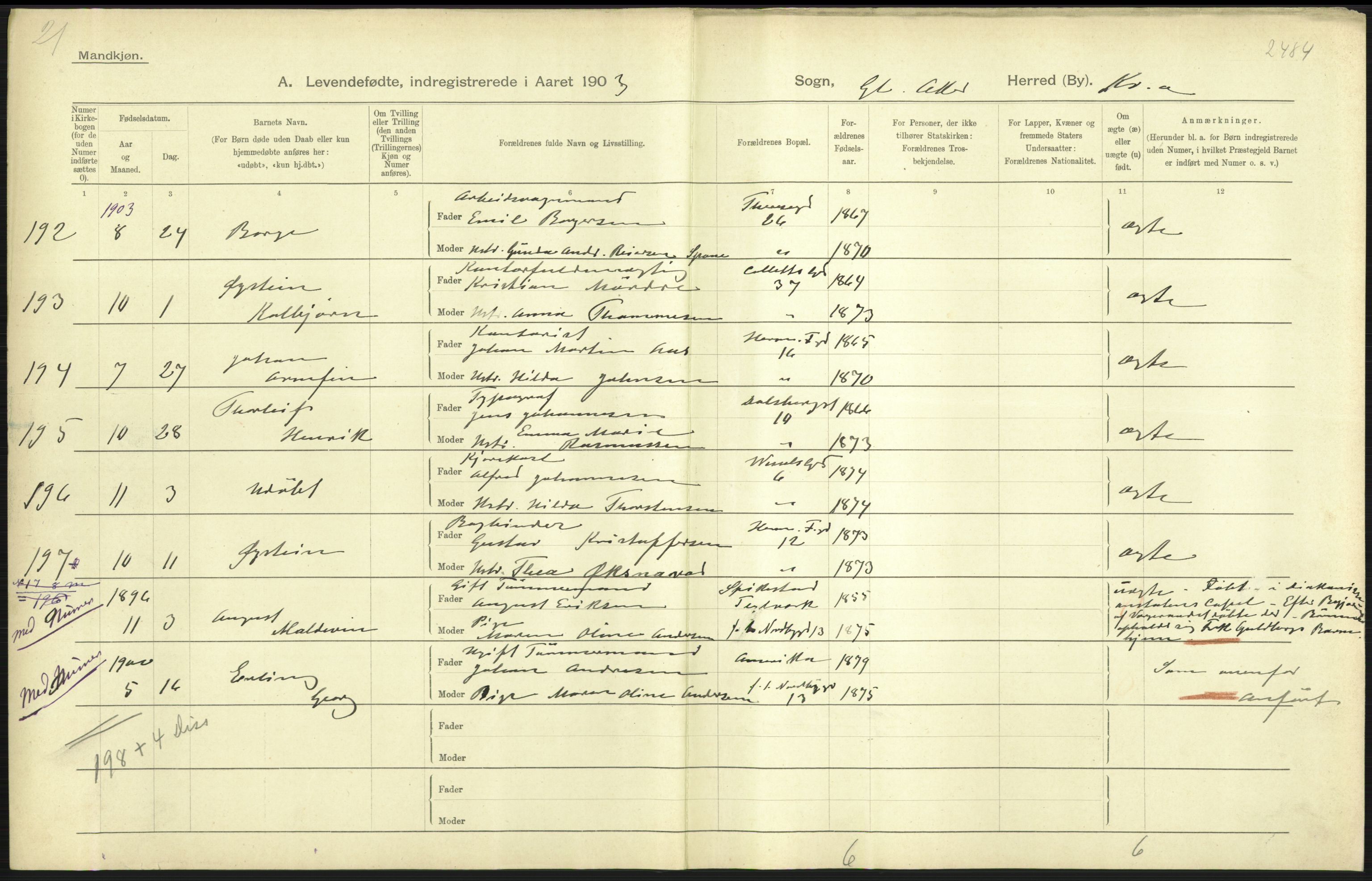 Statistisk sentralbyrå, Sosiodemografiske emner, Befolkning, AV/RA-S-2228/D/Df/Dfa/Dfaa/L0003: Kristiania: Fødte, 1903, p. 431