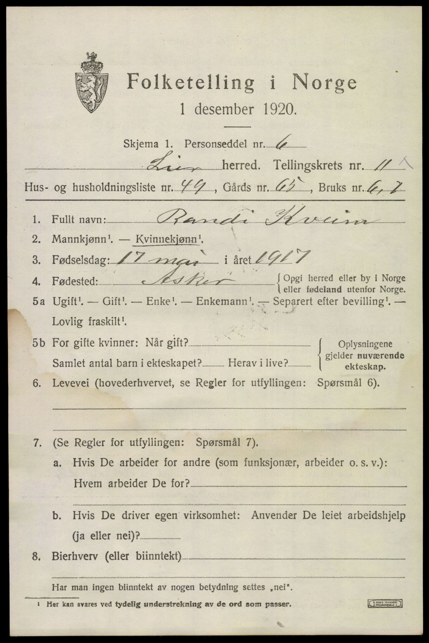 SAKO, 1920 census for Lier, 1920, p. 16754