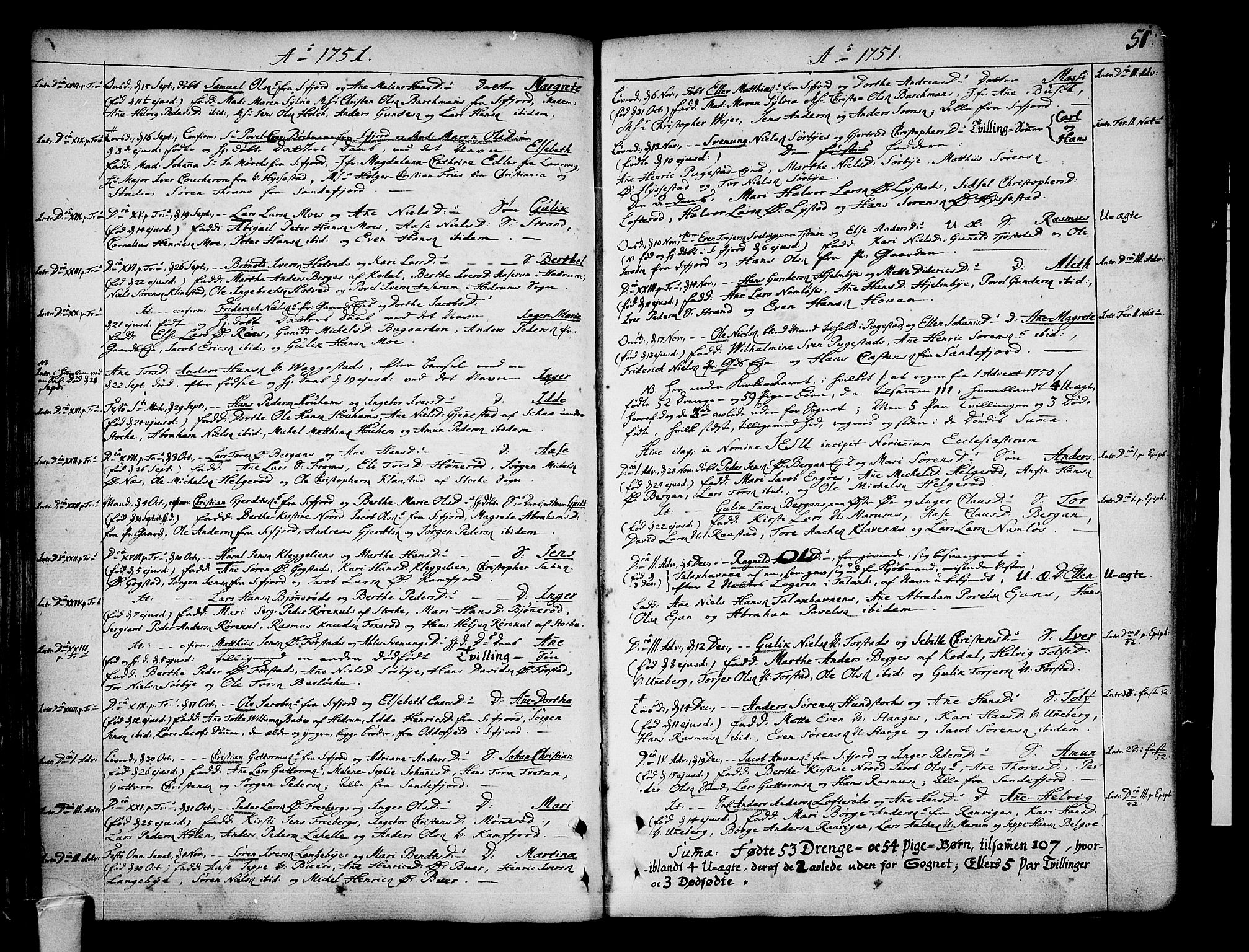 Sandar kirkebøker, SAKO/A-243/F/Fa/L0002: Parish register (official) no. 2, 1733-1788, p. 51