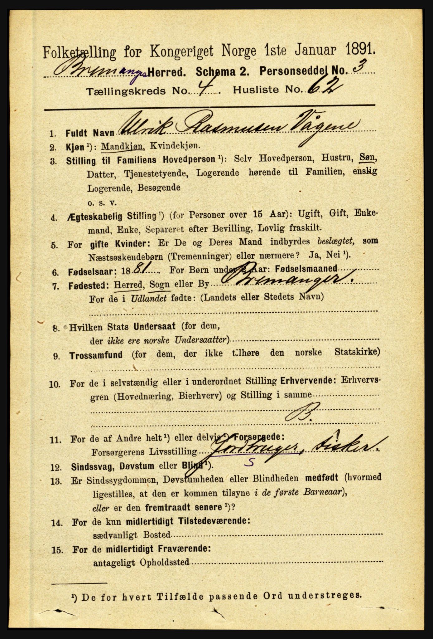 RA, 1891 census for 1438 Bremanger, 1891, p. 1893