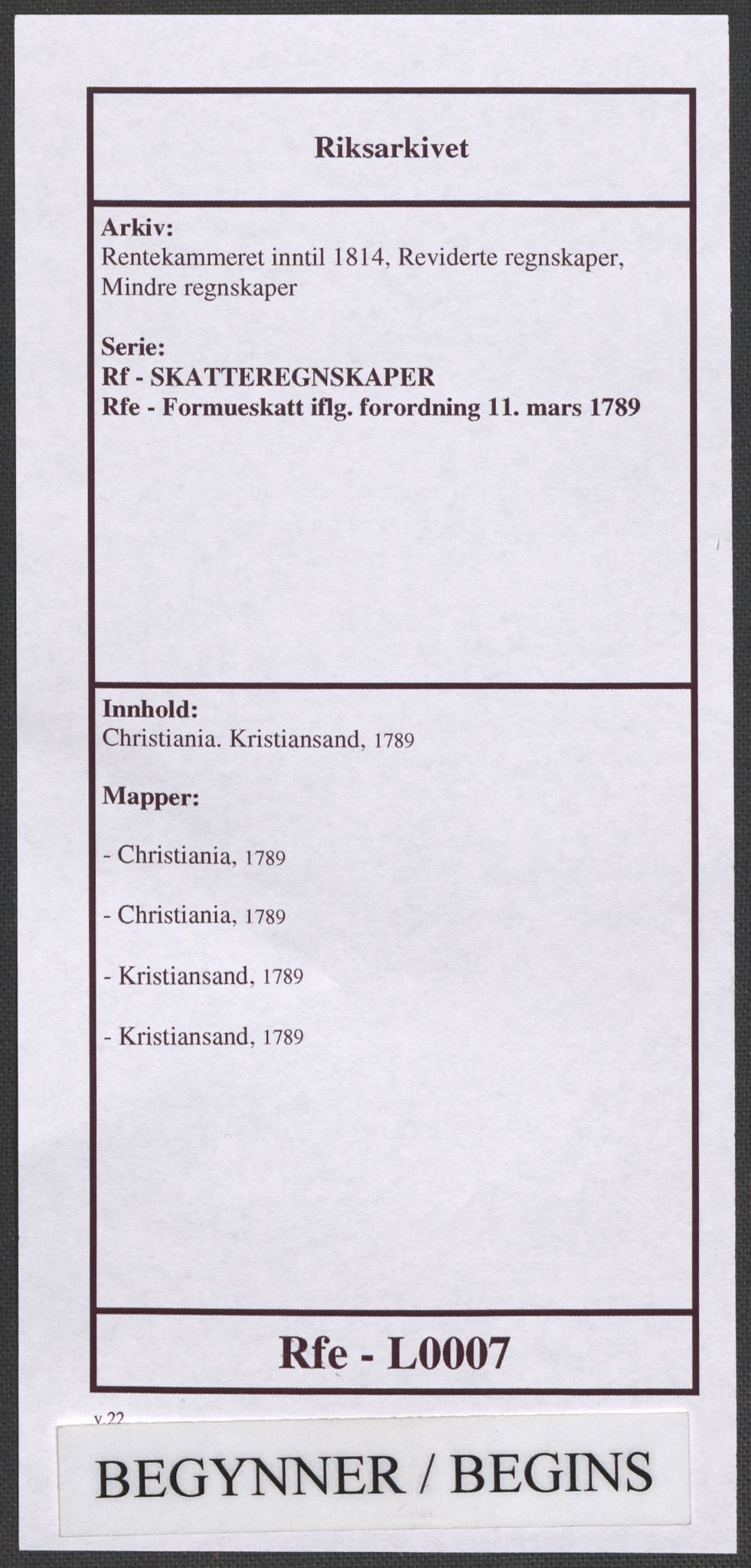Rentekammeret inntil 1814, Reviderte regnskaper, Mindre regnskaper, RA/EA-4068/Rf/Rfe/L0007: Christiania. Kristiansand, 1789, p. 1