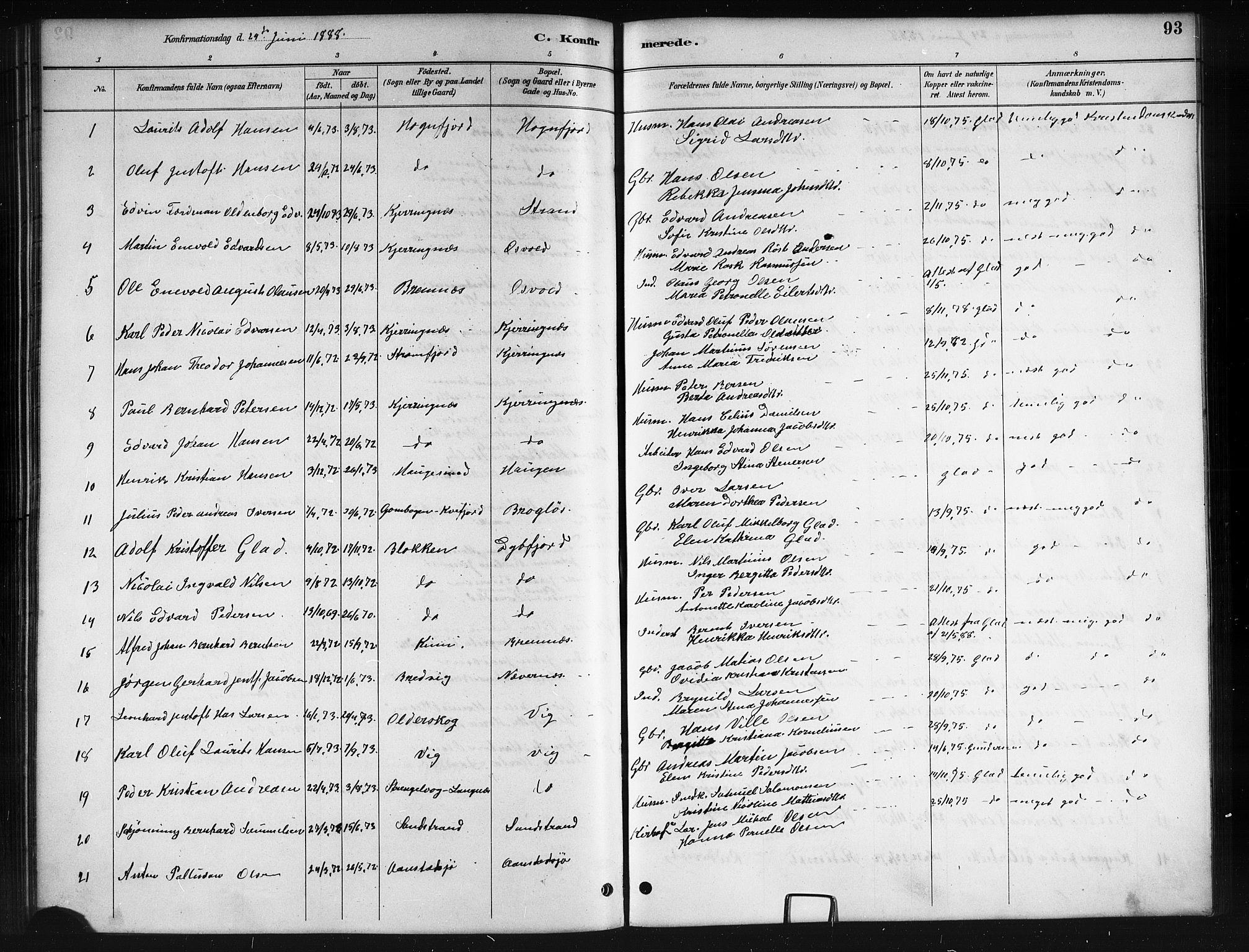 Ministerialprotokoller, klokkerbøker og fødselsregistre - Nordland, AV/SAT-A-1459/895/L1382: Parish register (copy) no. 895C04, 1885-1896, p. 93