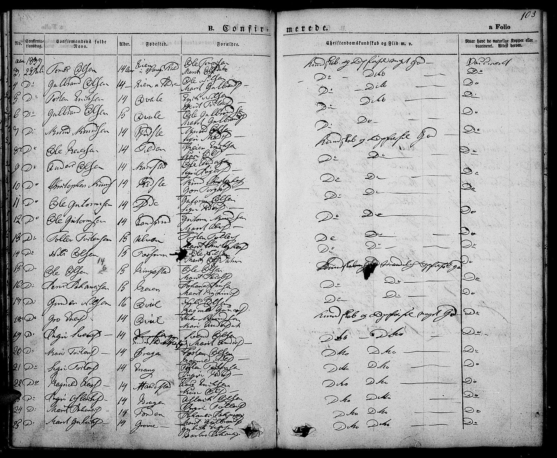Slidre prestekontor, SAH/PREST-134/H/Ha/Haa/L0003: Parish register (official) no. 3, 1831-1843, p. 103