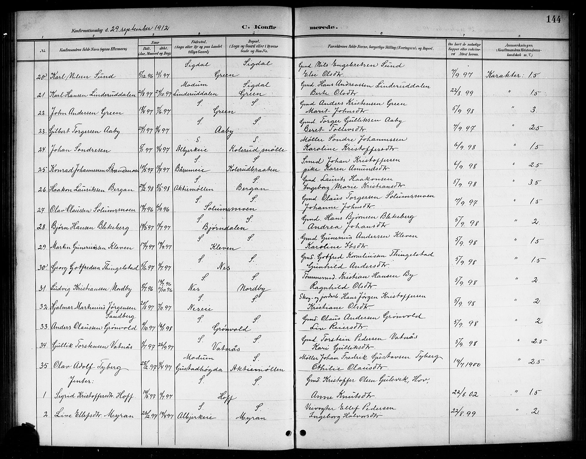 Sigdal kirkebøker, SAKO/A-245/G/Ga/L0006: Parish register (copy) no. I 6, 1901-1916, p. 144