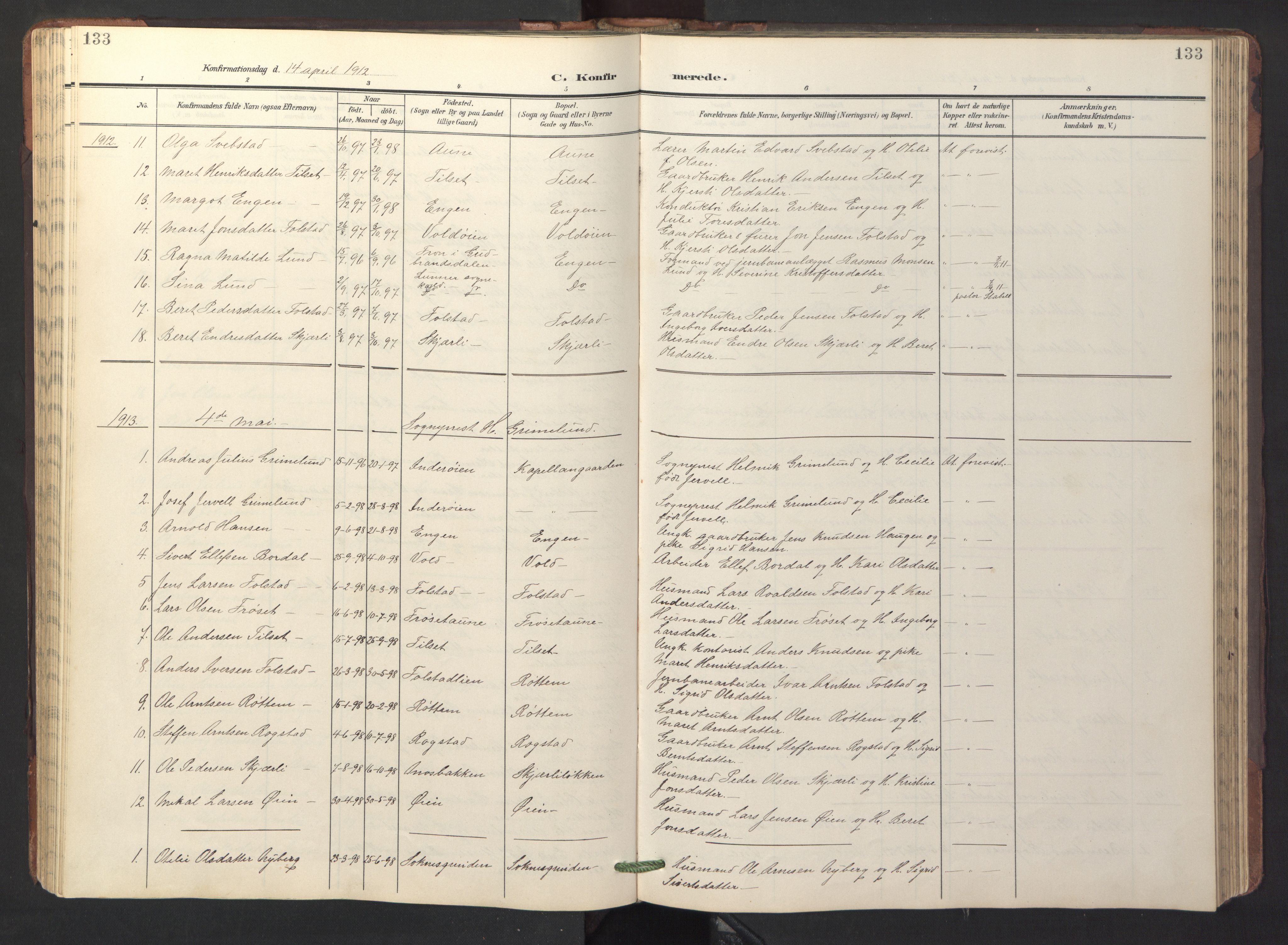 Ministerialprotokoller, klokkerbøker og fødselsregistre - Sør-Trøndelag, SAT/A-1456/687/L1019: Parish register (copy) no. 687C03, 1904-1931, p. 133