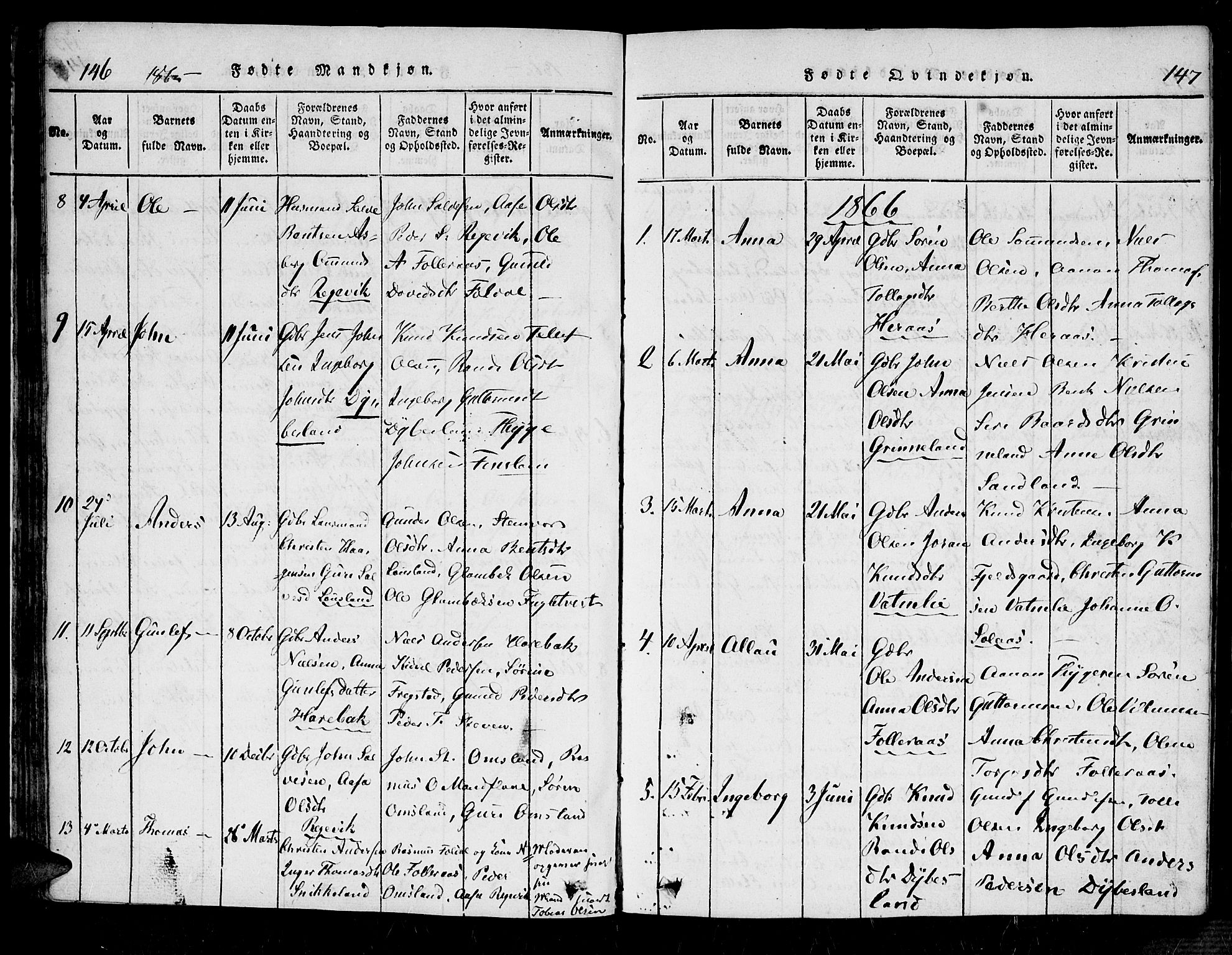 Bjelland sokneprestkontor, SAK/1111-0005/F/Fa/Fab/L0002: Parish register (official) no. A 2, 1816-1869, p. 146-147