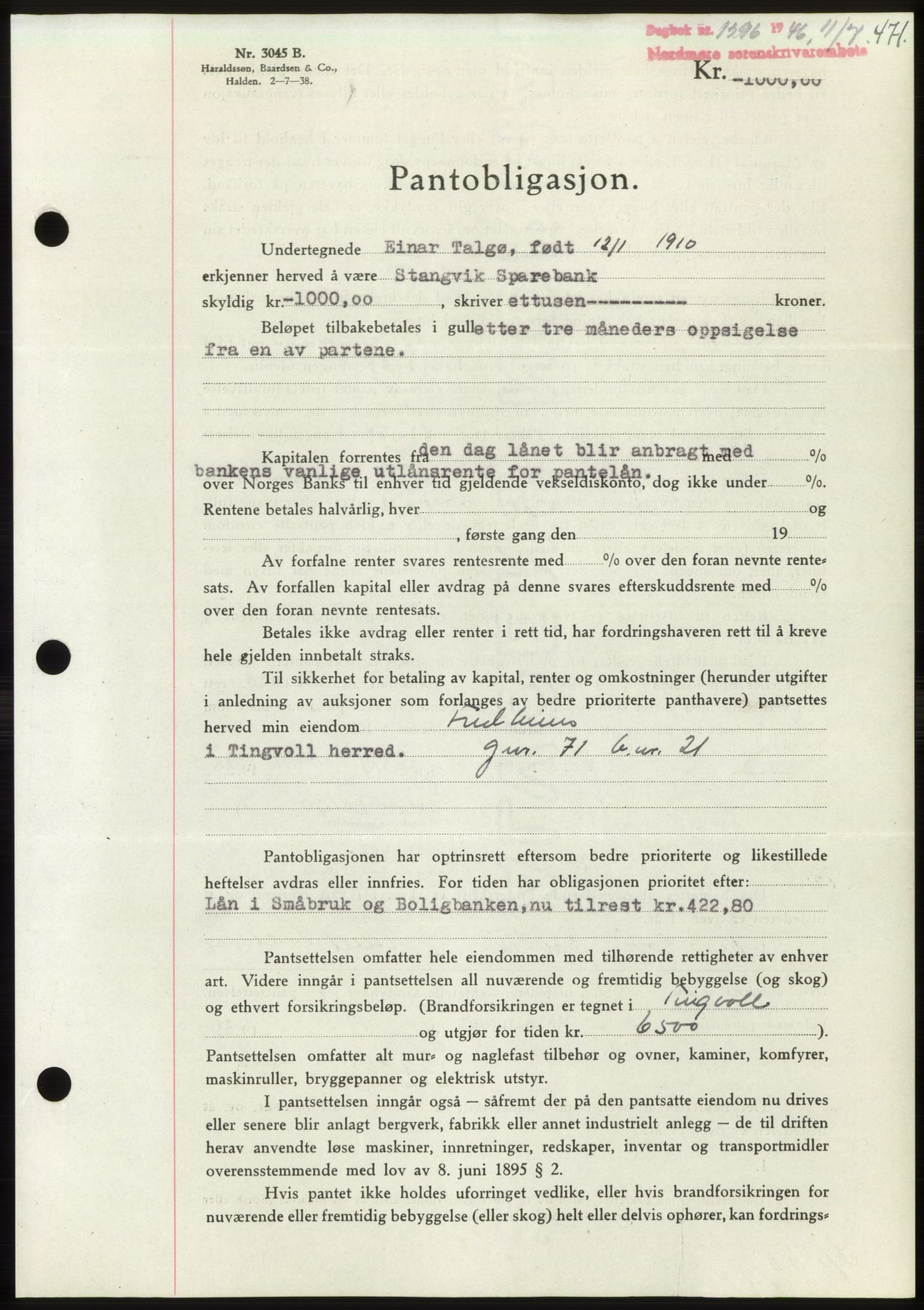 Nordmøre sorenskriveri, AV/SAT-A-4132/1/2/2Ca: Mortgage book no. B94, 1946-1946, Diary no: : 1296/1946