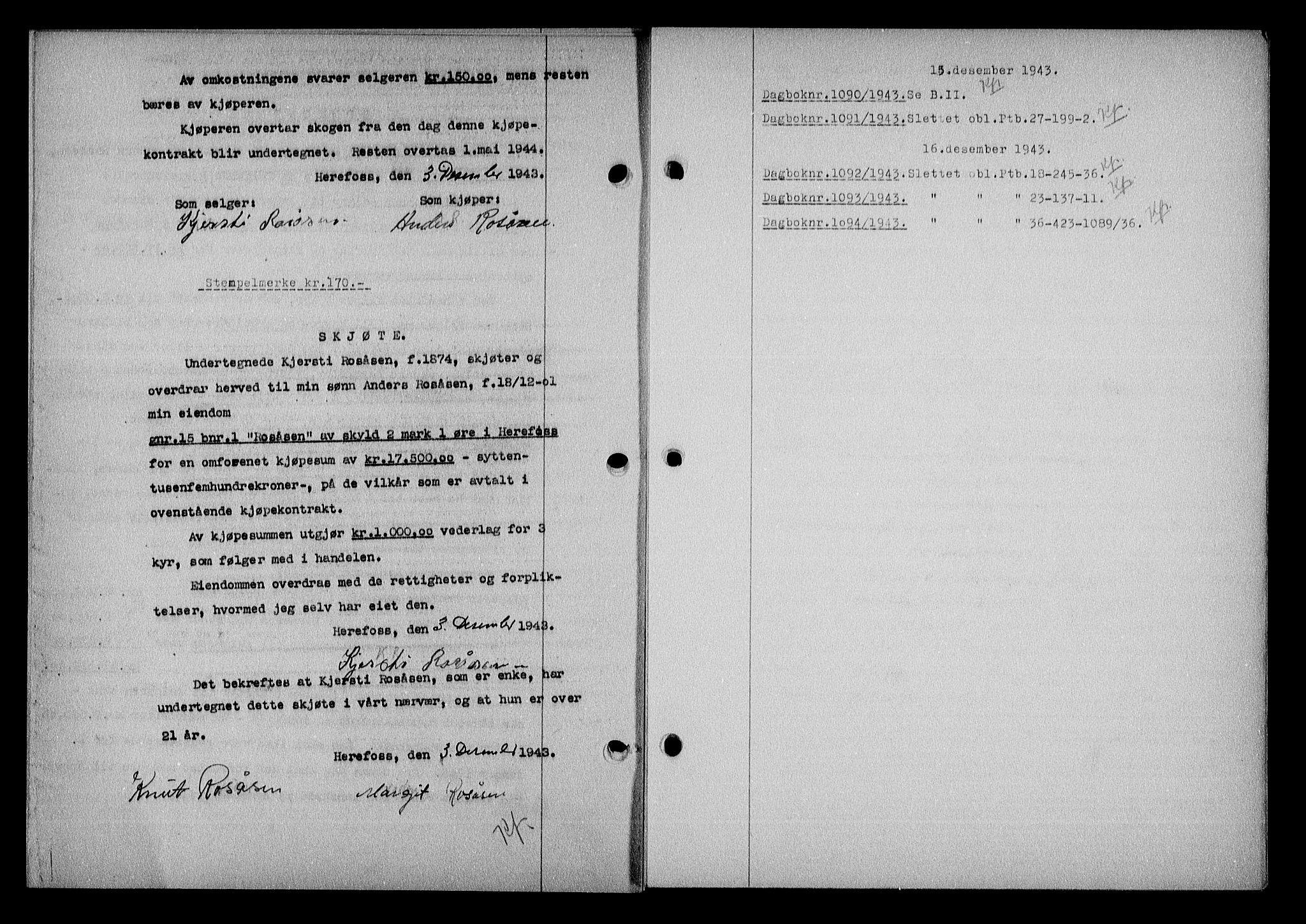 Nedenes sorenskriveri, AV/SAK-1221-0006/G/Gb/Gba/L0051: Mortgage book no. A-V, 1943-1944, Diary no: : 1090/1943