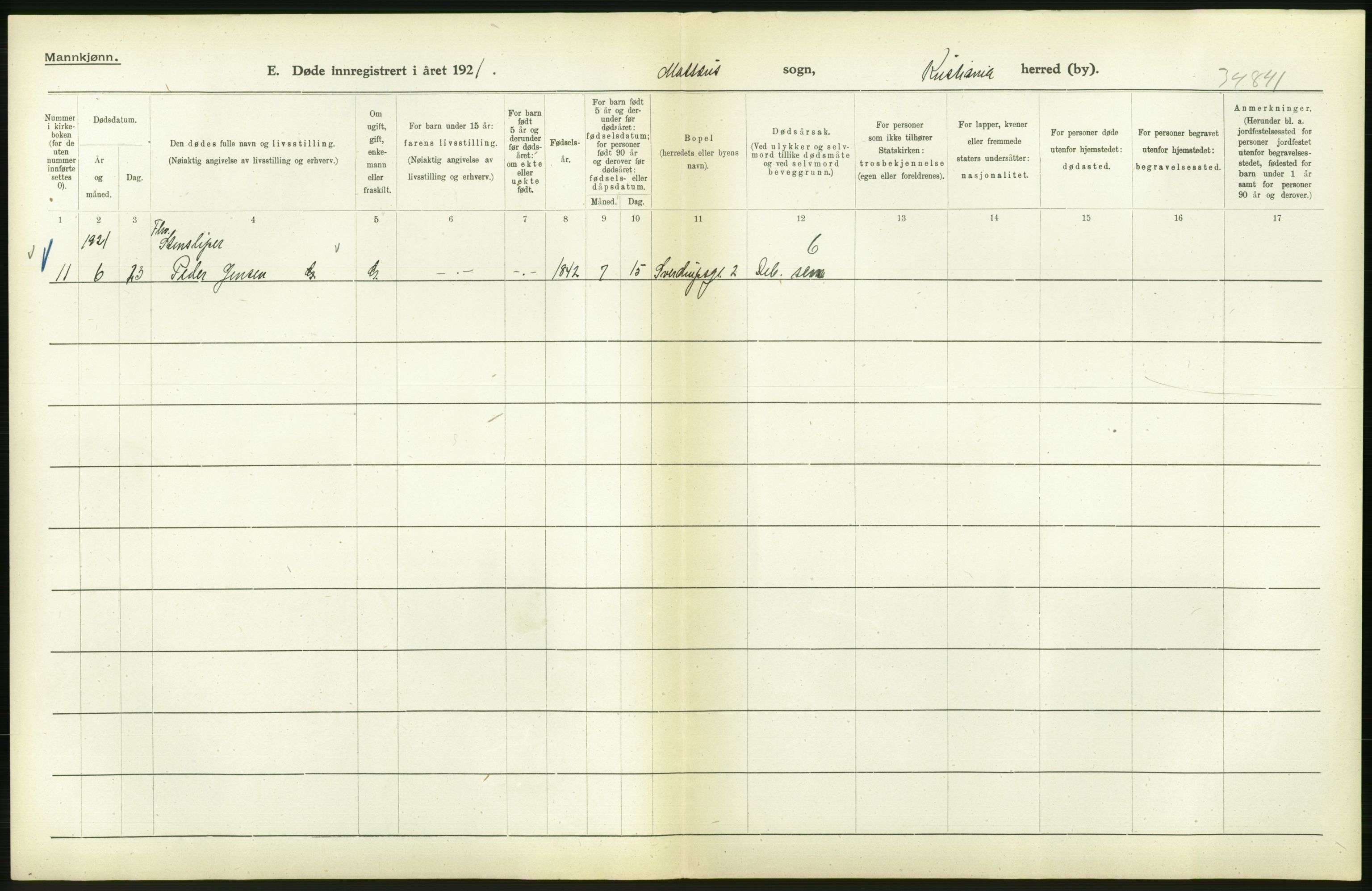 Statistisk sentralbyrå, Sosiodemografiske emner, Befolkning, AV/RA-S-2228/D/Df/Dfc/Dfca/L0013: Kristiania: Døde, dødfødte, 1921, p. 520