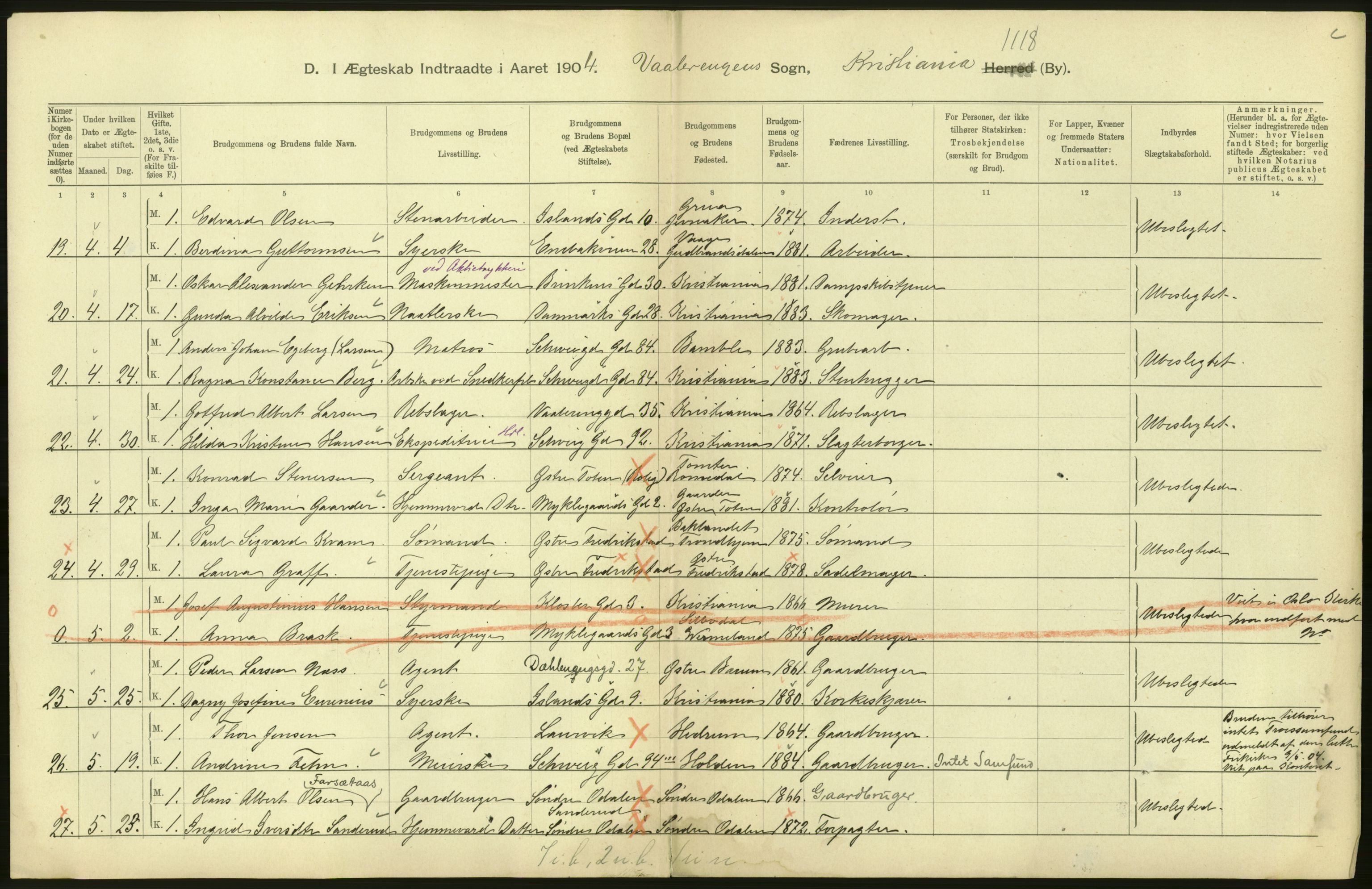 Statistisk sentralbyrå, Sosiodemografiske emner, Befolkning, AV/RA-S-2228/D/Df/Dfa/Dfab/L0004: Kristiania: Gifte, døde, 1904, p. 8