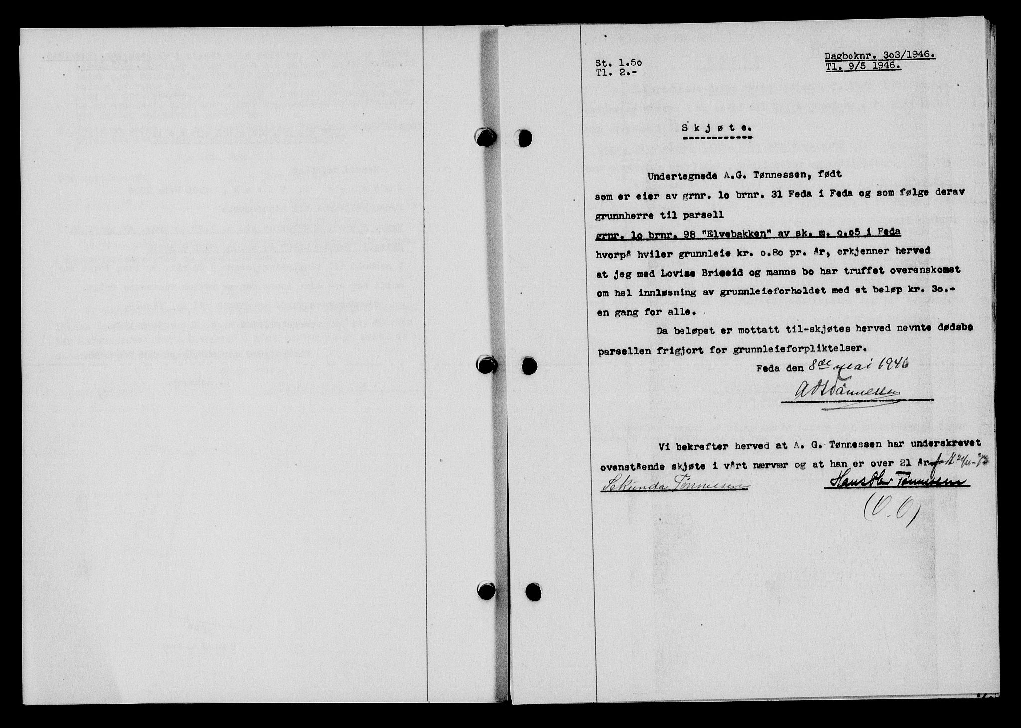 Flekkefjord sorenskriveri, SAK/1221-0001/G/Gb/Gba/L0060: Mortgage book no. A-8, 1945-1946, Diary no: : 303/1946