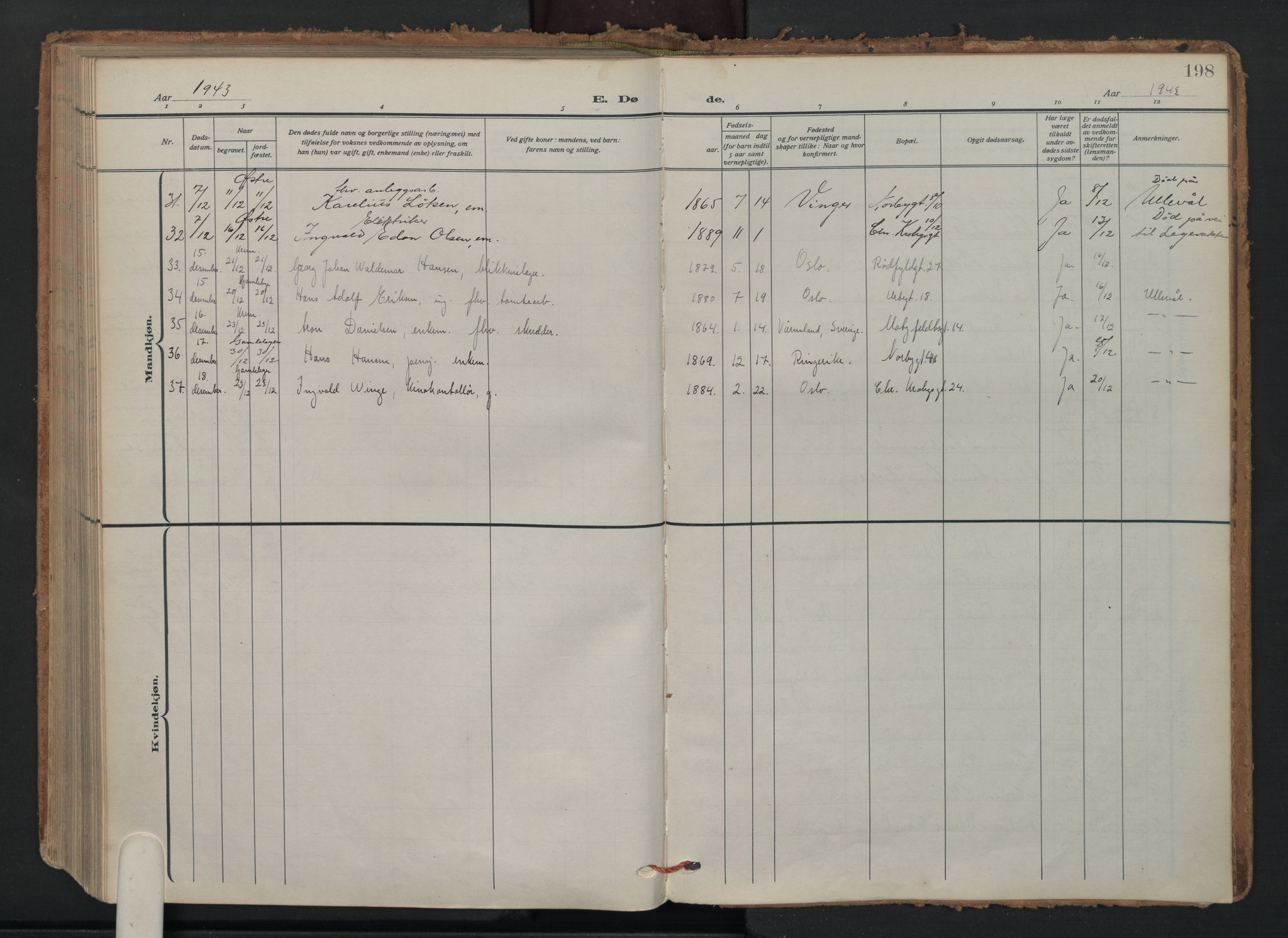 Vaterland prestekontor Kirkebøker, AV/SAO-A-10880/F/Fa/L0003: Parish register (official) no. 3, 1922-1944, p. 198