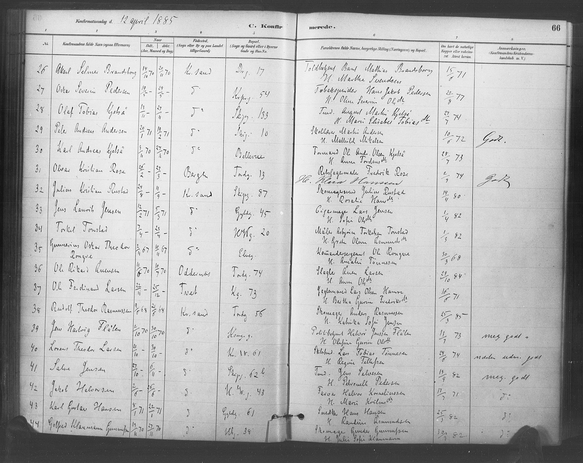 Kristiansand domprosti, SAK/1112-0006/F/Fa/L0018: Parish register (official) no. A 17, 1880-1892, p. 66