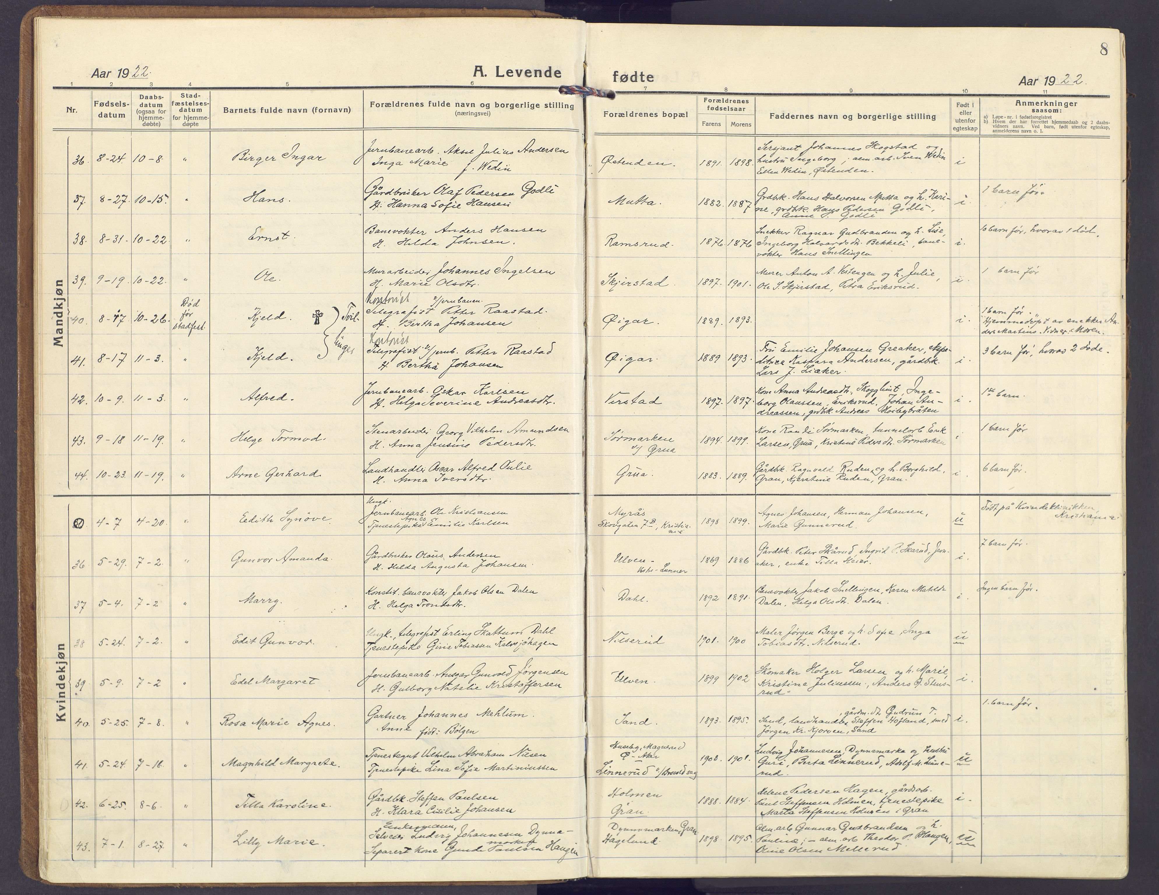 Lunner prestekontor, SAH/PREST-118/H/Ha/Haa/L0002: Parish register (official) no. 2, 1922-1931, p. 8