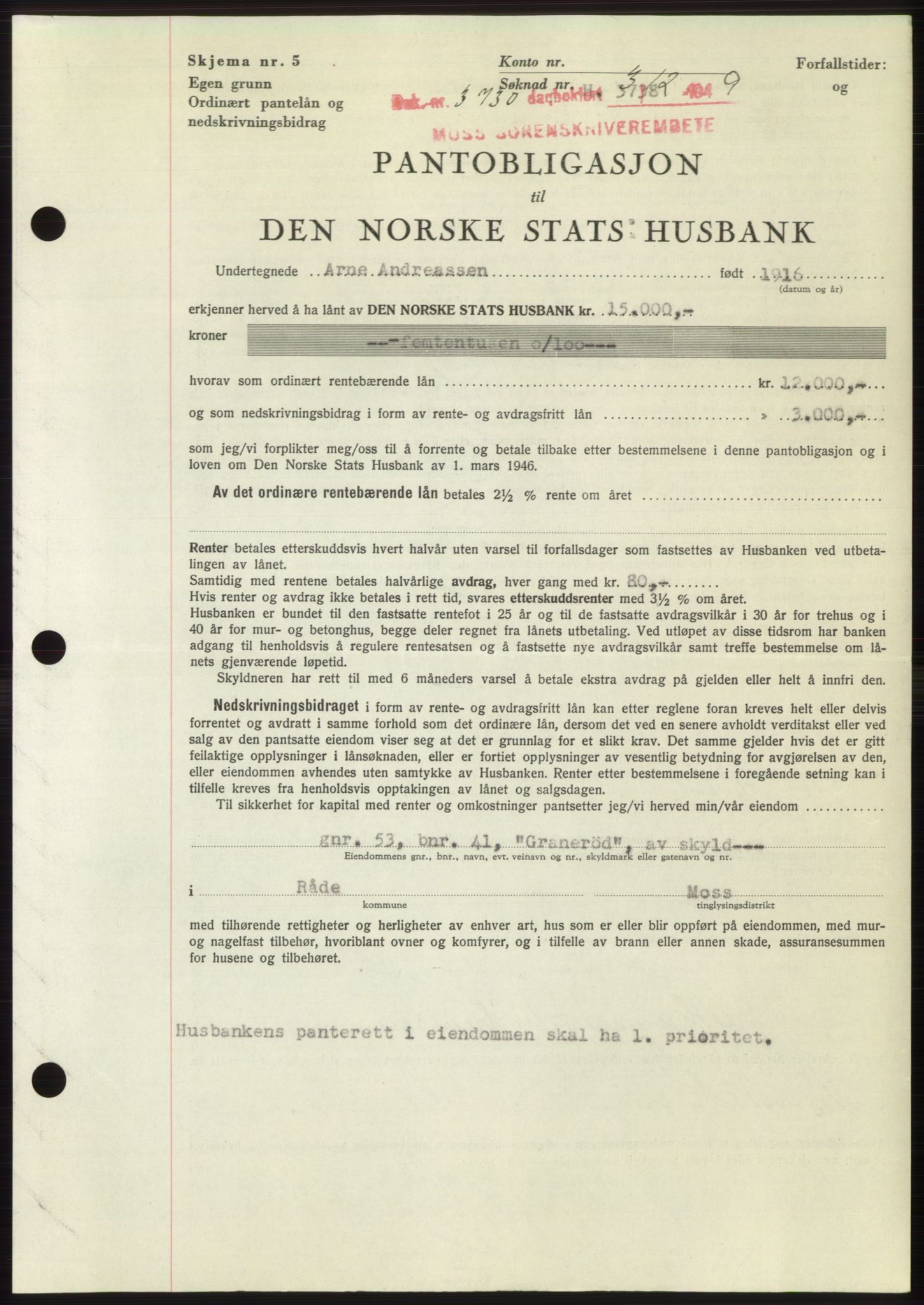 Moss sorenskriveri, SAO/A-10168: Mortgage book no. B23, 1949-1950, Diary no: : 3730/1949
