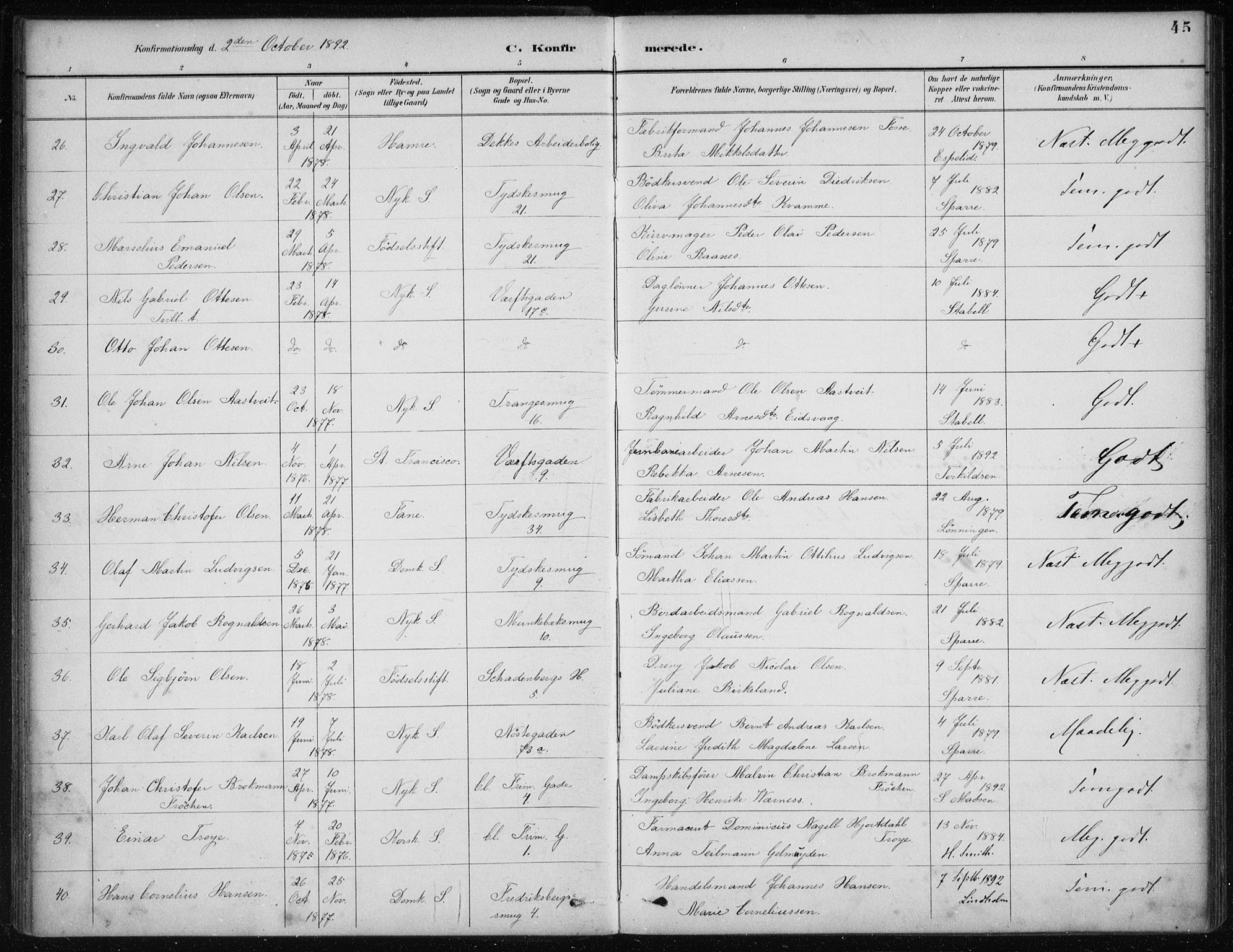 Nykirken Sokneprestembete, SAB/A-77101/H/Haa/L0027: Parish register (official) no. C 6, 1886-1913, p. 45