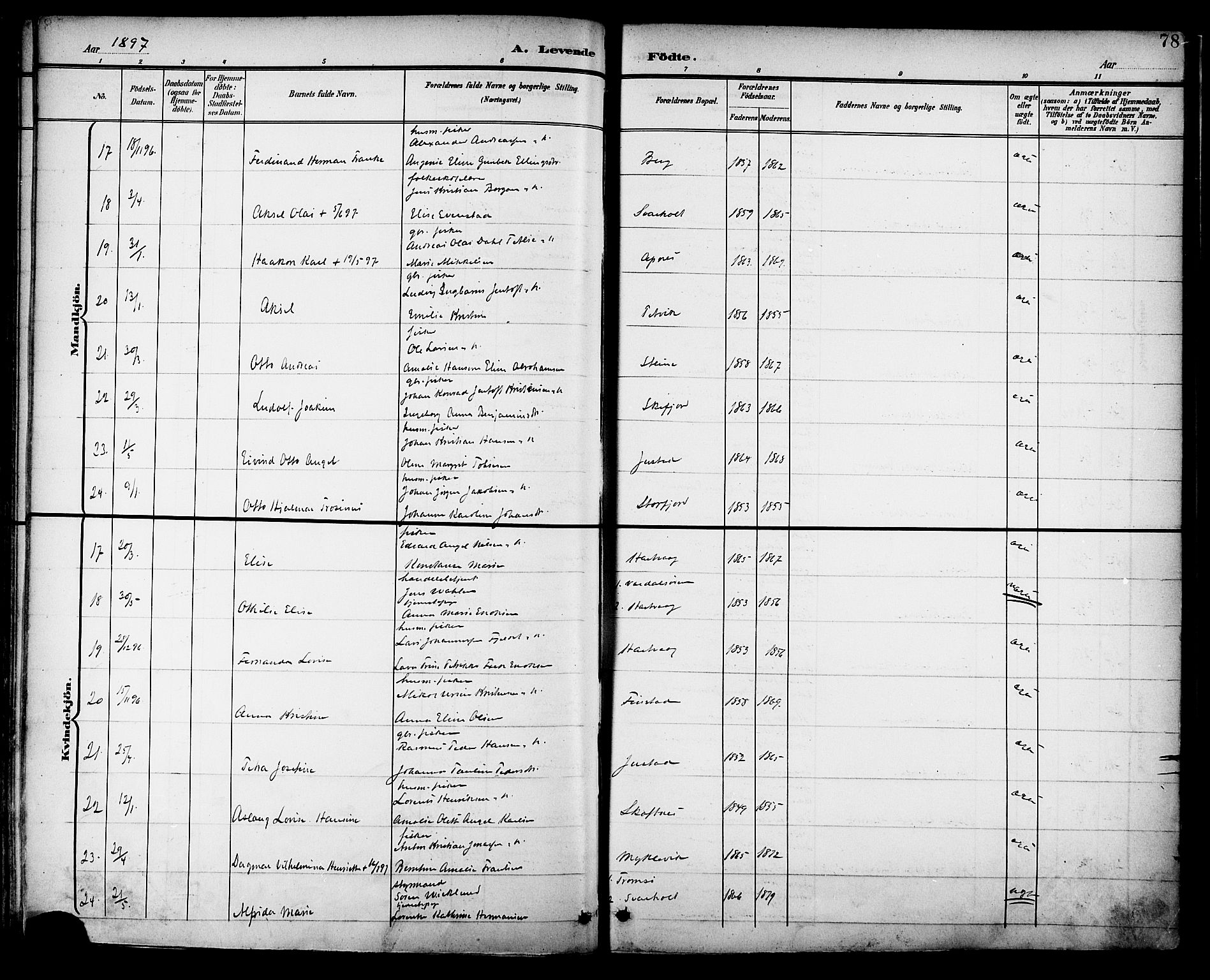 Ministerialprotokoller, klokkerbøker og fødselsregistre - Nordland, AV/SAT-A-1459/882/L1179: Parish register (official) no. 882A01, 1886-1898, p. 78