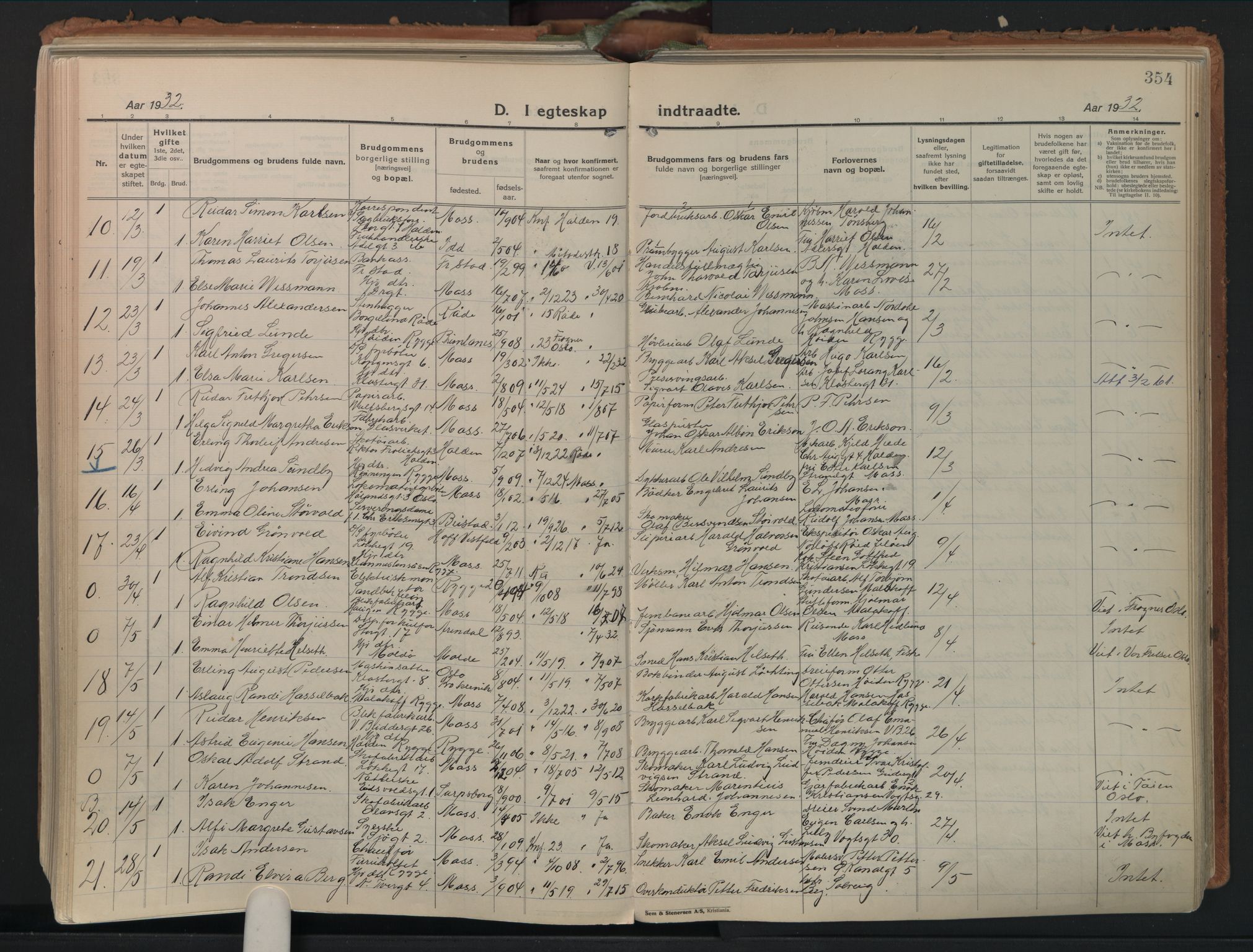 Moss prestekontor Kirkebøker, AV/SAO-A-2003/F/Fb/L0006: Parish register (official) no. II 6, 1924-1932, p. 354