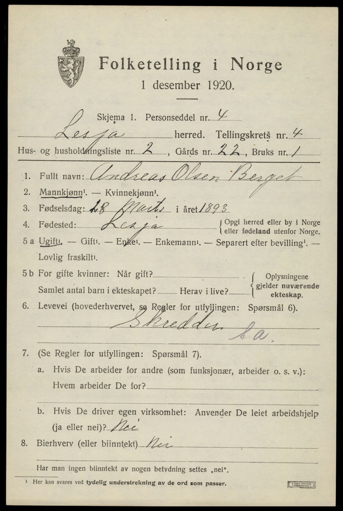 SAH, 1920 census for Lesja, 1920, p. 2538