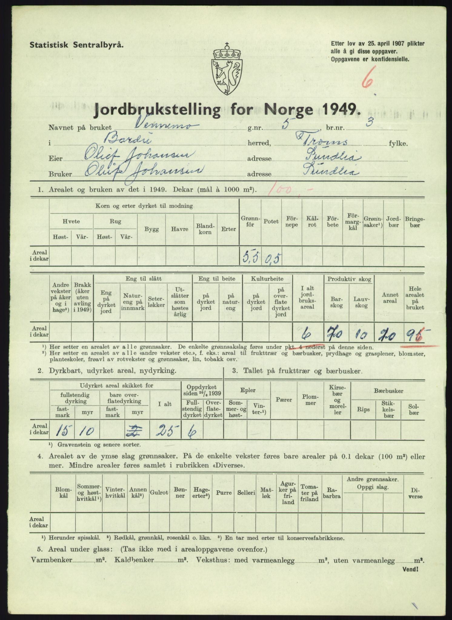 Statistisk sentralbyrå, Næringsøkonomiske emner, Jordbruk, skogbruk, jakt, fiske og fangst, AV/RA-S-2234/G/Gc/L0438: Troms: Salangen og Bardu, 1949, p. 967