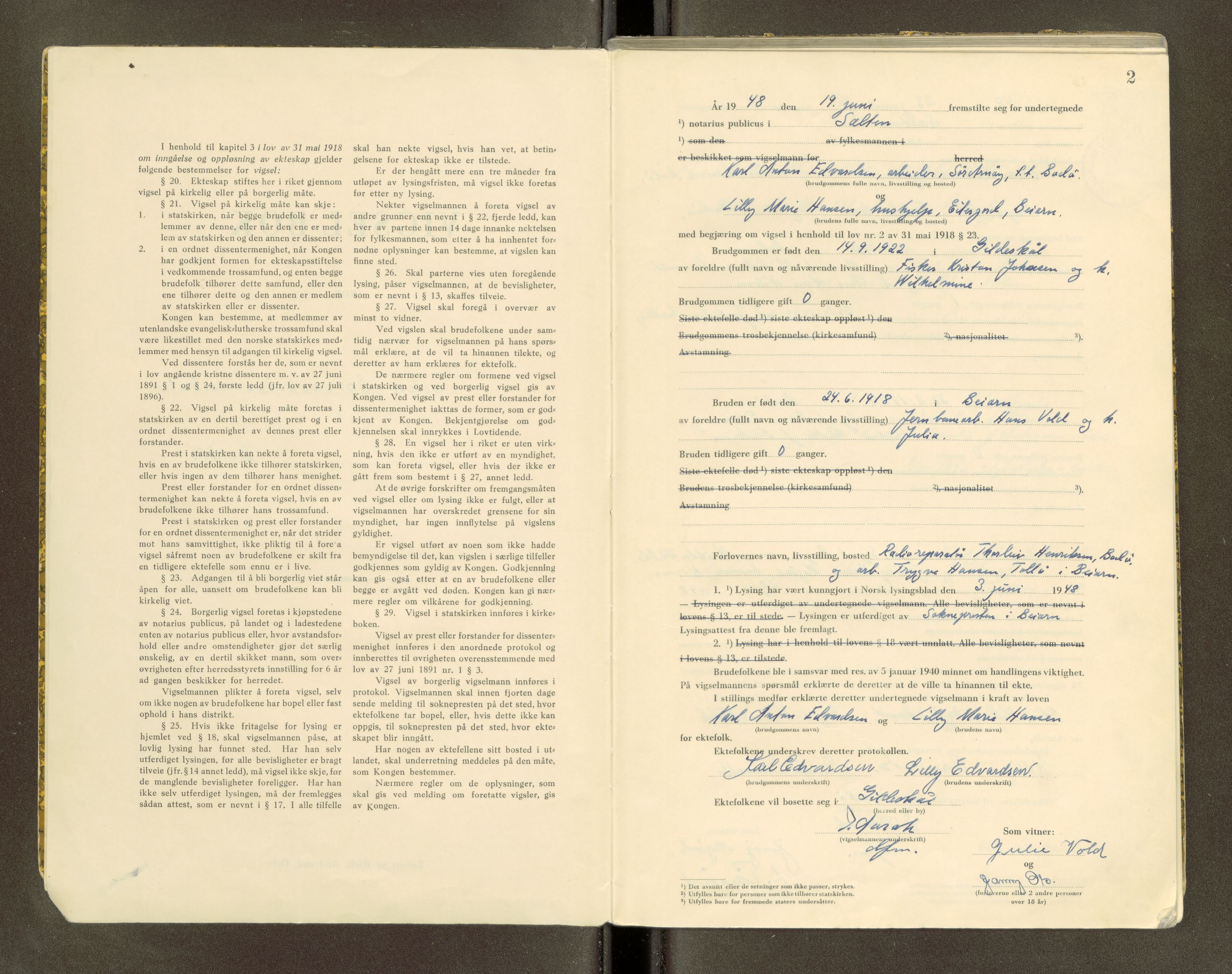 Salten sorenskriveri, AV/SAT-A-4578/1/6/6D/L0007: Vigselsbok, 1948-1958, p. 2