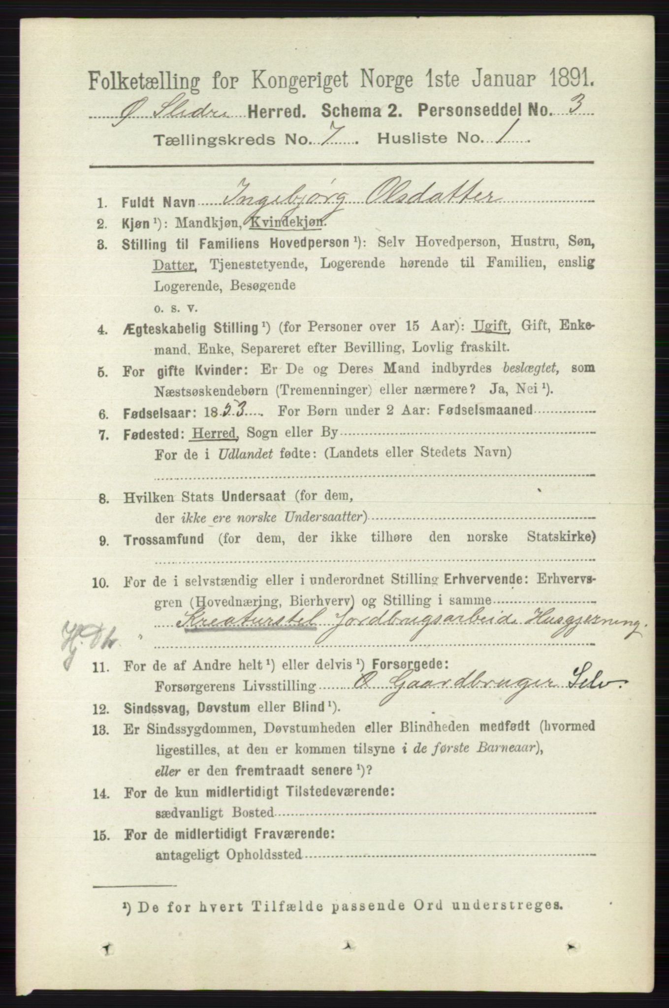 RA, 1891 census for 0544 Øystre Slidre, 1891, p. 2173