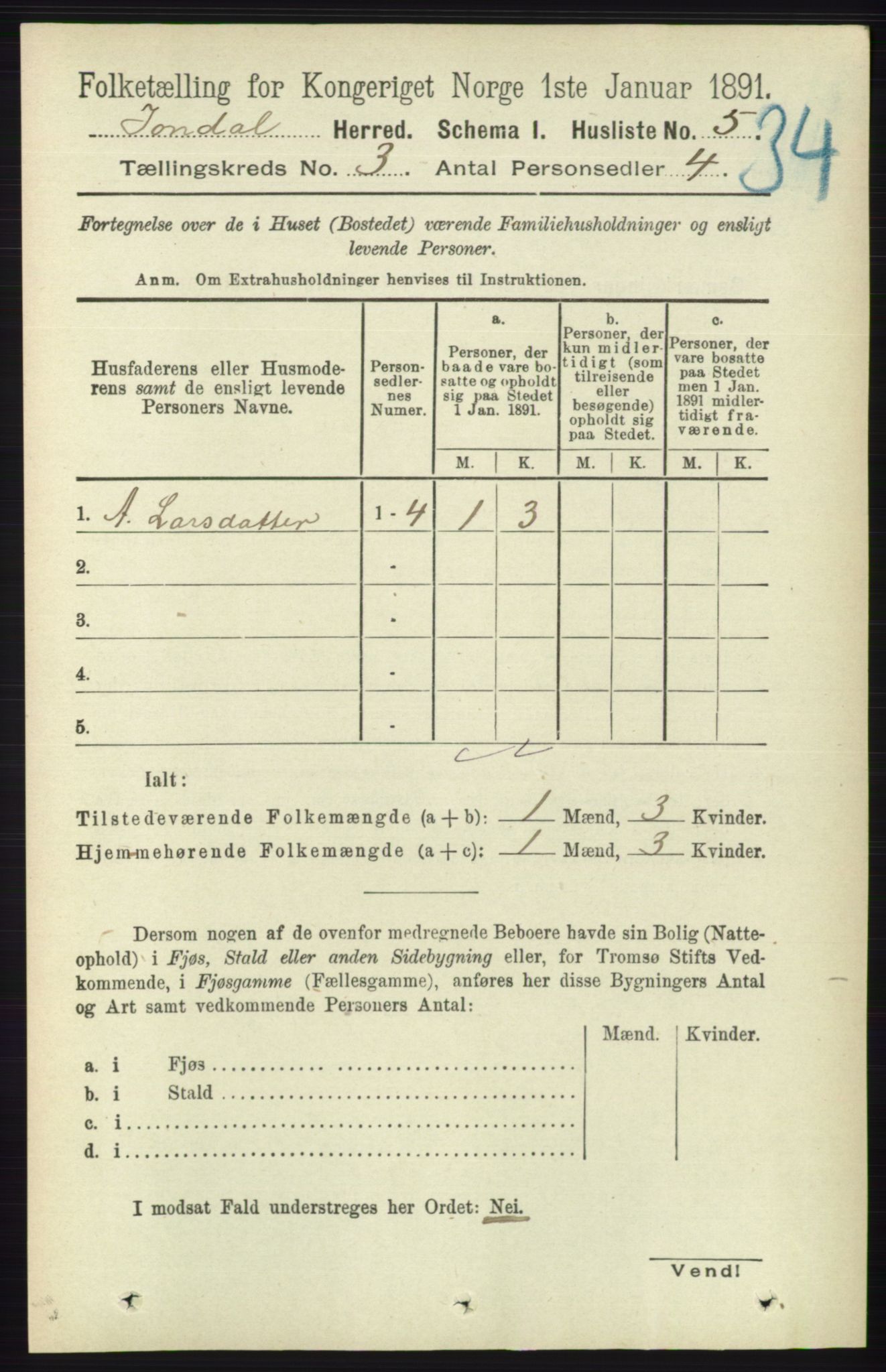 RA, 1891 census for 1227 Jondal, 1891, p. 1183