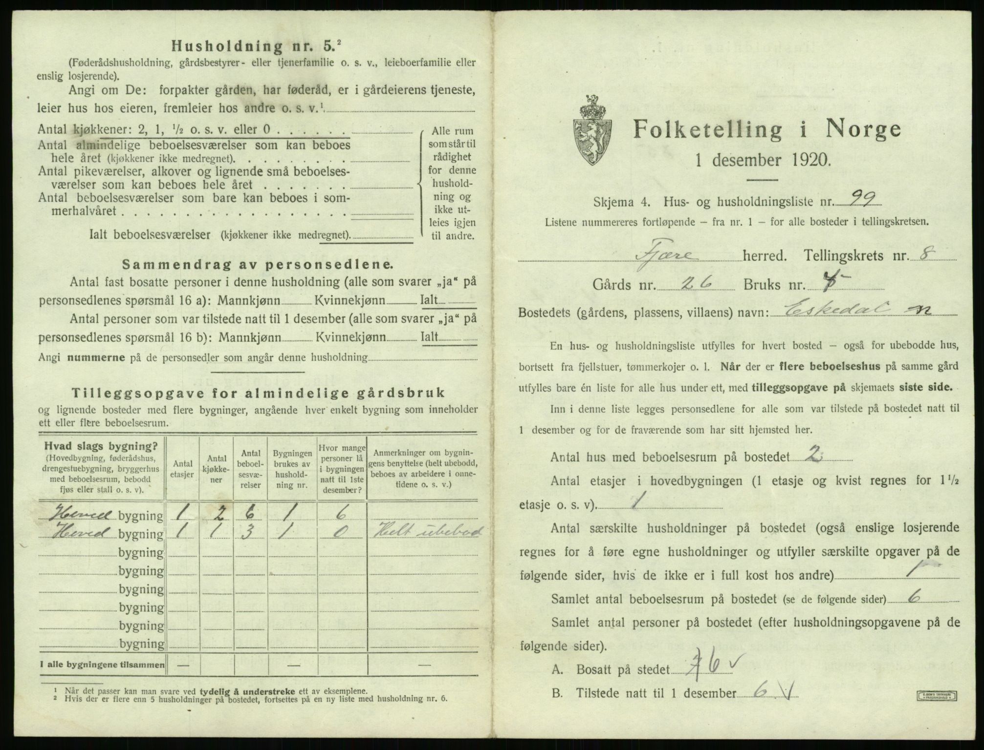 SAK, 1920 census for Fjære, 1920, p. 1837