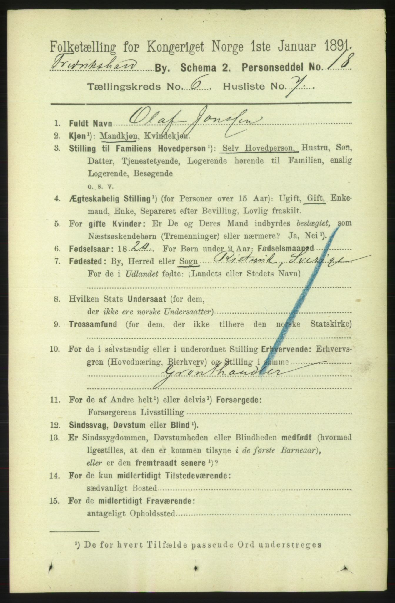 RA, 1891 census for 0101 Fredrikshald, 1891, p. 4596