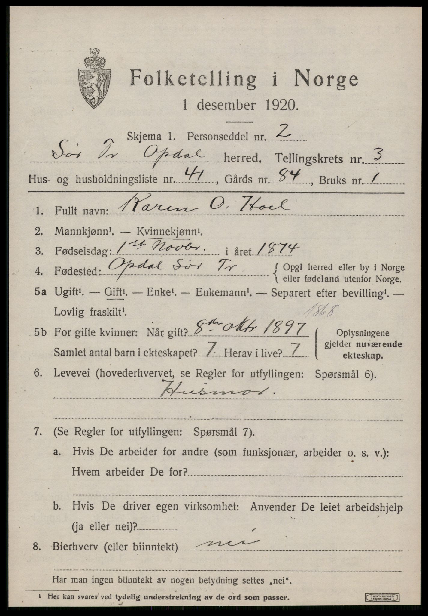 SAT, 1920 census for Oppdal, 1920, p. 3621