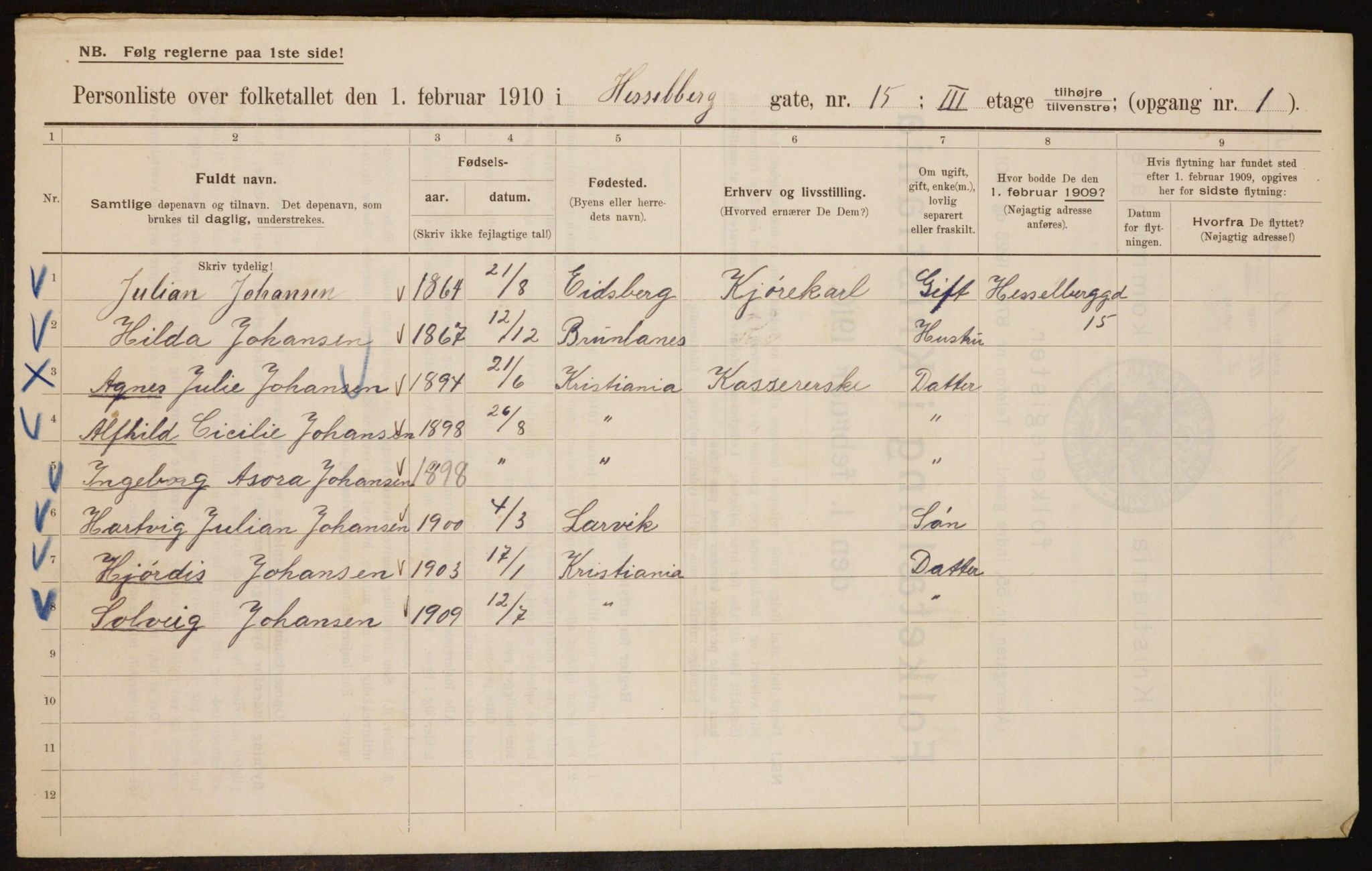 OBA, Municipal Census 1910 for Kristiania, 1910, p. 39399